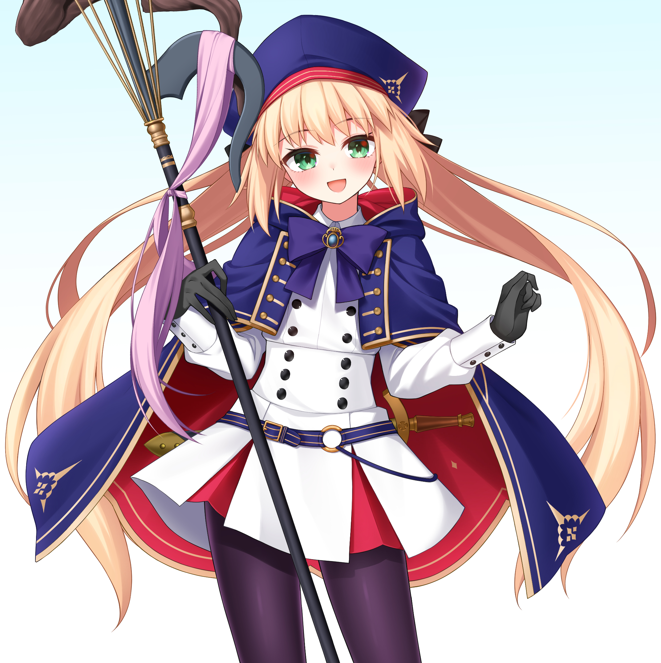 hoshino reiji, artoria caster (fate), artoria caster (second ascension) (fate), artoria pendragon (fate), fate/grand order, fate (series), highres, 1girl, beret, blonde hair, blue hat, blush, breasts, dress, gloves, green eyes, hat, long hair, long sleeves, looking at viewer, open mouth, small breasts, smile, solo, staff, staff of selection (fate), twintails