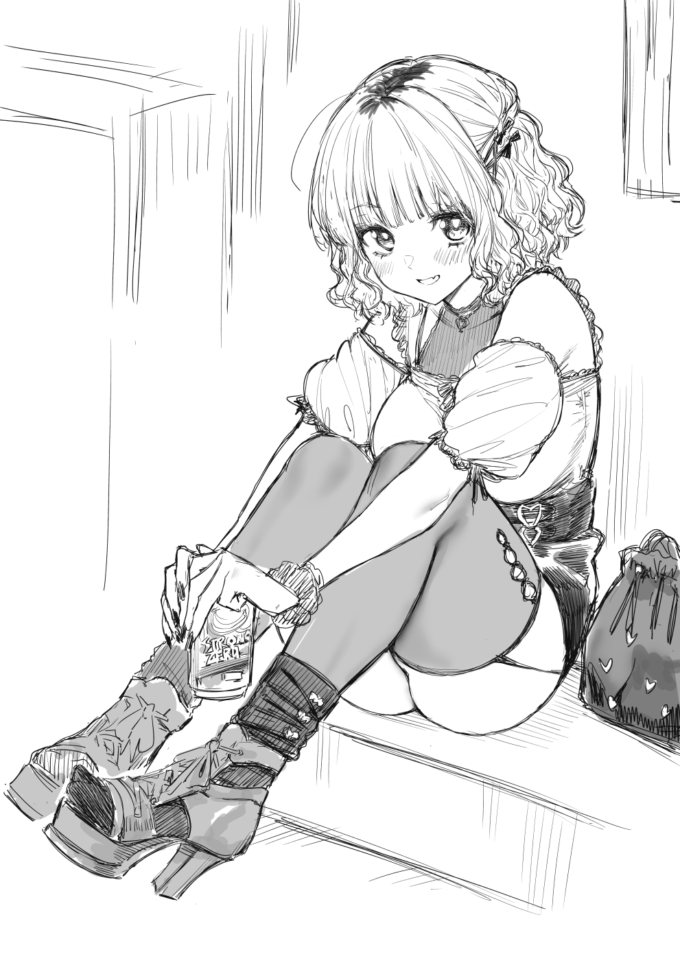 mushi024, original, strong zero, highres, 1girl, :d, bag, beer can, blush, bow, can, drink can, fang, garter straps, hair bow, heart, heart print, high heels, holding, holding can, looking at viewer, monochrome, multicolored hair, nail polish, off-shoulder shirt, off shoulder, open mouth, print bag, puffy short sleeves, puffy sleeves, roots (hair), scrunchie, shirt, short hair, short sleeves, sitting, skirt, smile, socks over thighhighs, solo, thighhighs, wavy hair, wrist scrunchie