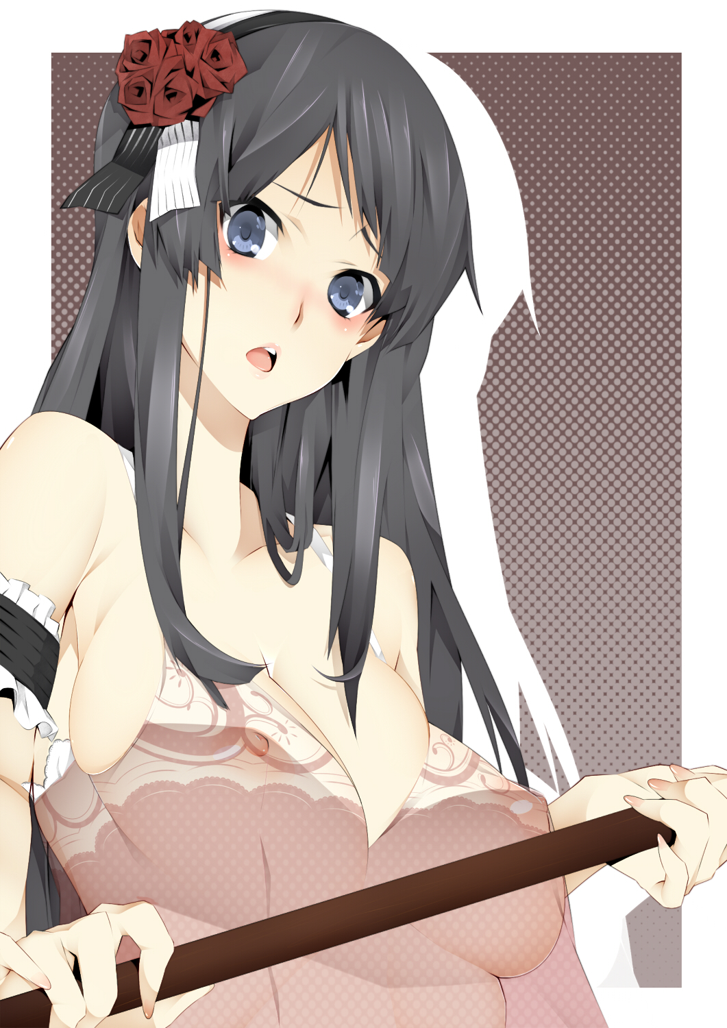 nanao (mahaya), akiyama mio, k-on!, bad id, bad pixiv id, highres, 00s, 1girl, bare shoulders, black hair, blue eyes, blunt bangs, breasts, covered erect nipples, dress, female focus, flower, hair flower, hair ornament, hime cut, large breasts, long hair, looking at viewer, nipples, open mouth, see-through clothes, solo