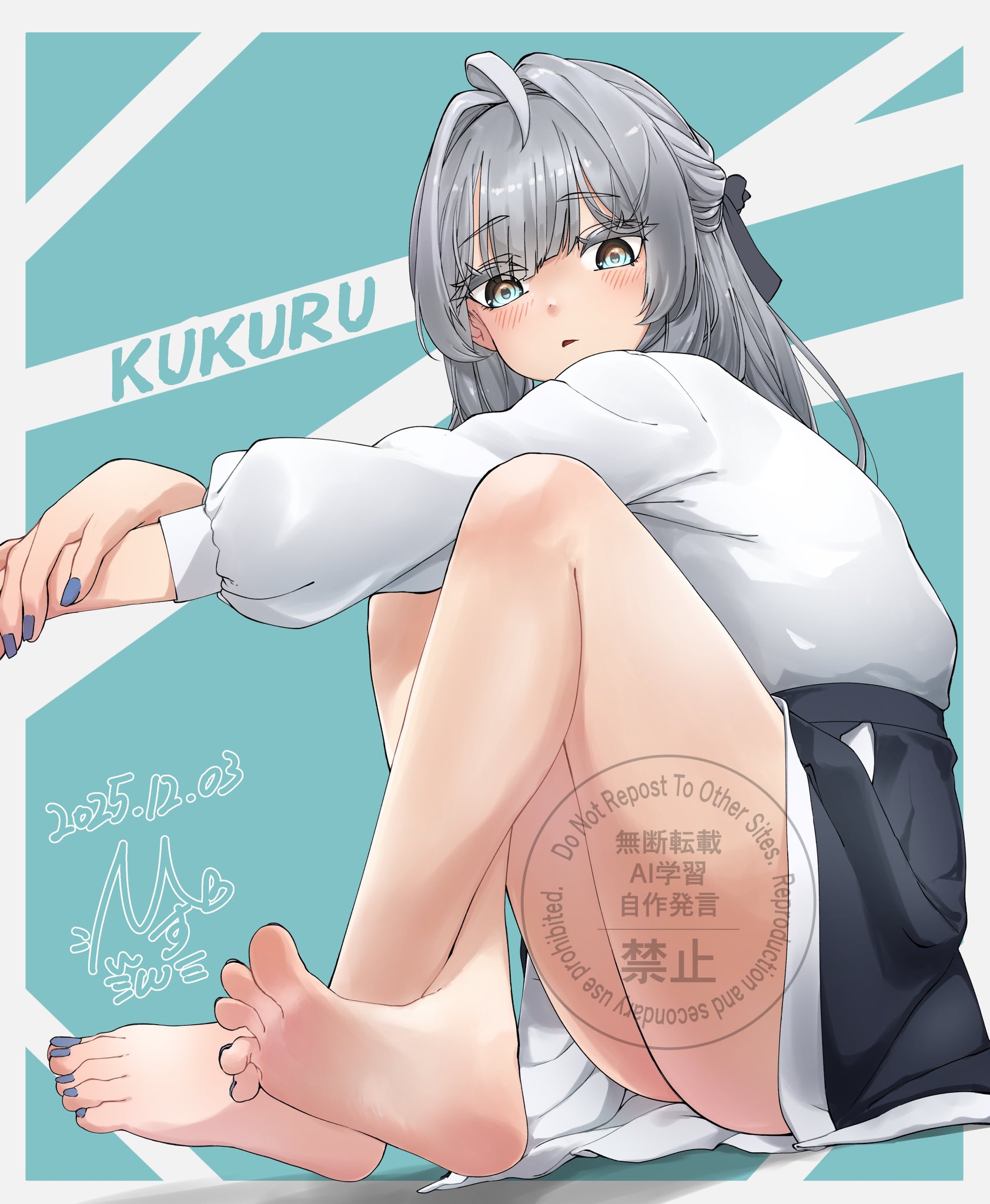 original, highres, 1girl, ahoge, aqua background, bare legs, barefoot, blue nails, blush, crossed ankles, dorsiflexion, feet, full body, grey eyes, grey hair, grey ribbon, hair intakes, hair ribbon, hisui (ashiurakyou), knees up, legs, long hair, looking at viewer, nail polish, parted lips, ribbon, signature, sitting, soles, solo, spread toes, thighs, toenail polish, toenails, toes, watermark