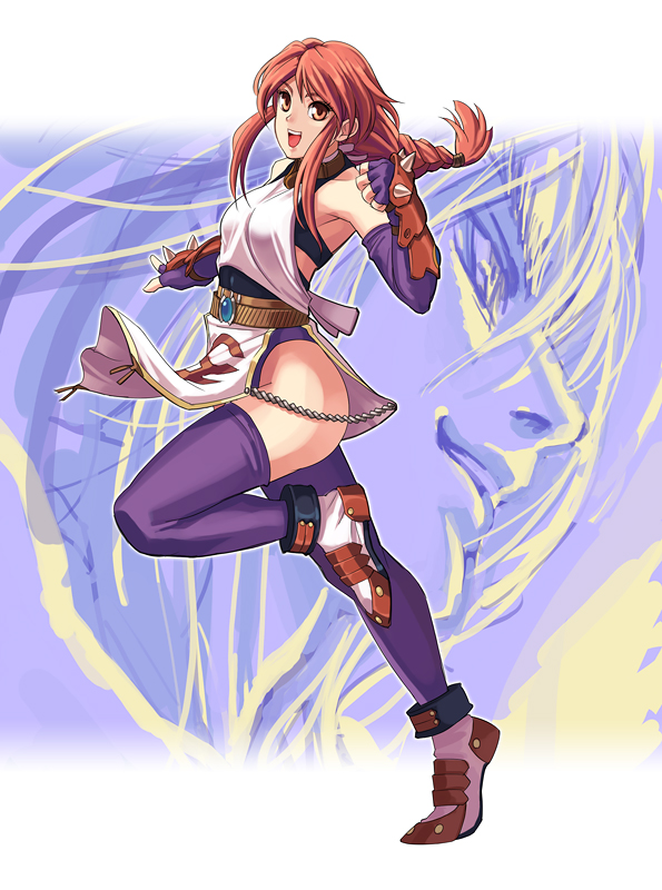 michairu, tia noto yoko, bastard!!, 1girl, ass, belt, braid, brown eyes, brown hair, elbow gloves, female focus, gloves, happy, legs, long hair, pelvic curtain, solo, spiked gloves, spikes, thighhighs