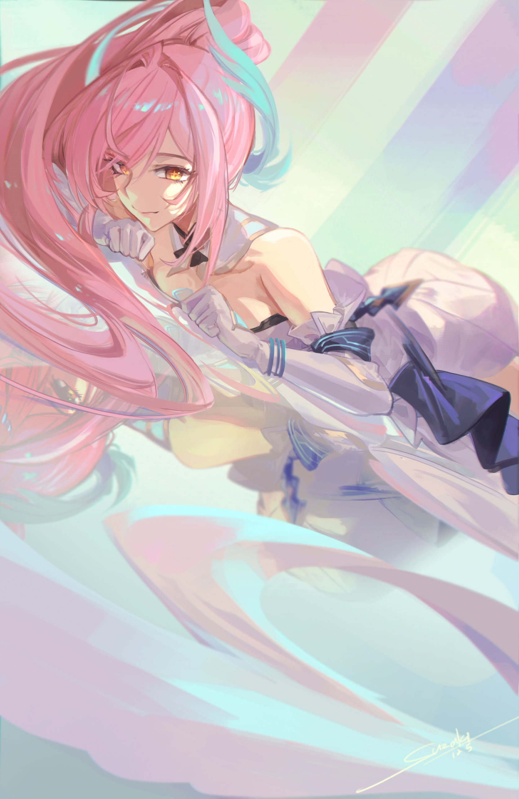 steve zheng, wuthering waves, absurdres, character request, commentary, highres, symbol-only commentary, 1girl, bare shoulders, breasts, closed mouth, dated, different reflection, dress, dutch angle, elbow gloves, gloves, hair ornament, hands up, long hair, looking at viewer, lying, medium breasts, on stomach, pink hair, ponytail, reflection, signature, solo, white dress, white gloves, yellow eyes