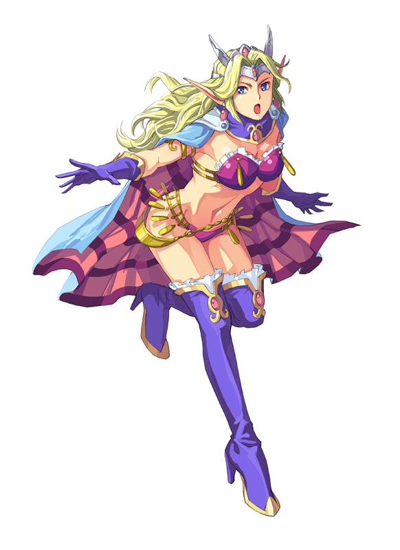 michairu, esper (saga 2), saga, saga 2, 1girl, bikini, blonde hair, blue eyes, boots, cape, circlet, earrings, elf, female focus, gloves, jewelry, long hair, long pointy ears, lots of jewelry, open mouth, pointy ears, purple bikini, solo, swimsuit, thigh boots, thighhighs