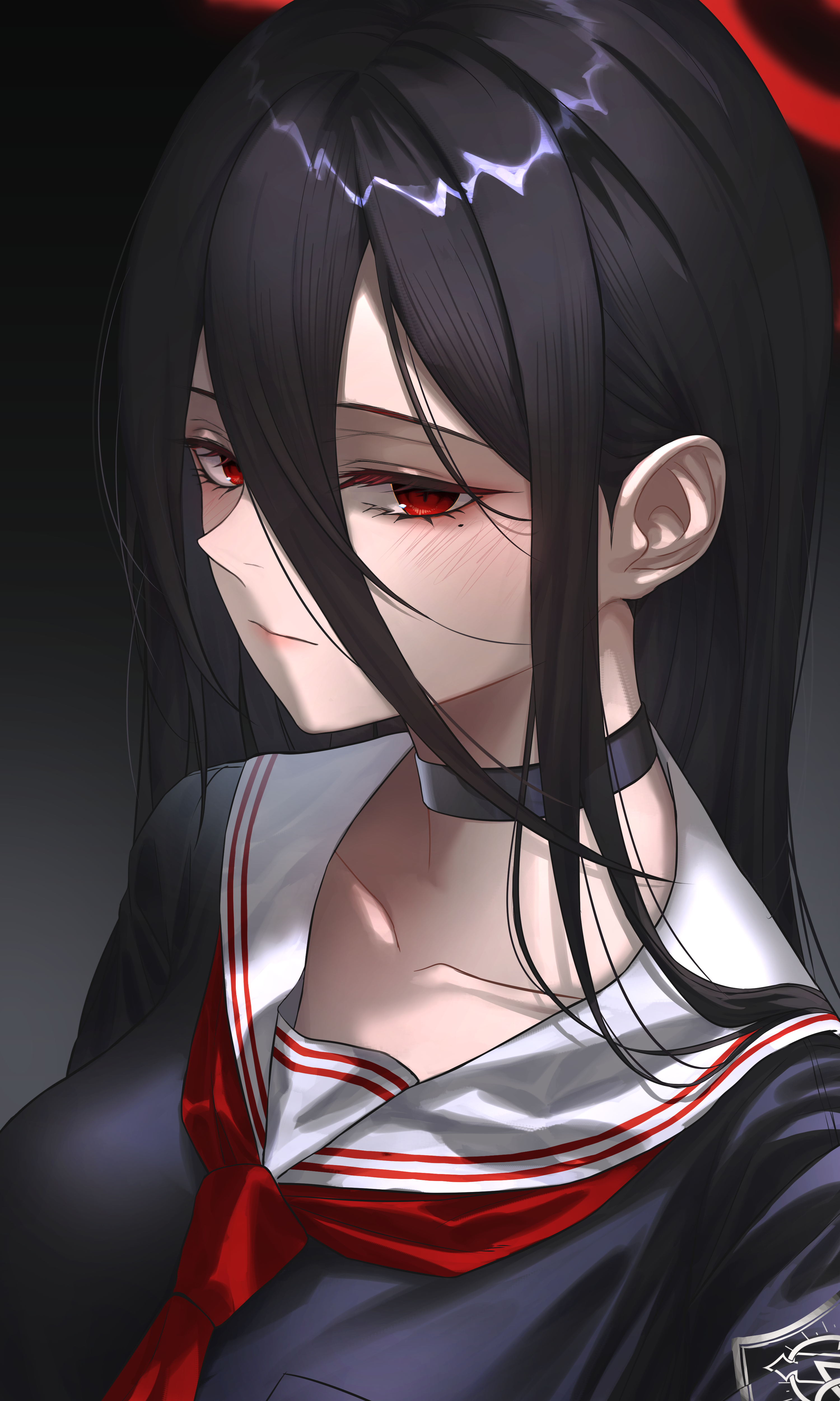 hayron, hasumi (blue archive), blue archive, absurdres, commentary, highres, 1girl, black background, black choker, black hair, black serafuku, black shirt, blush, choker, closed mouth, collarbone, gradient background, grey background, hair between eyes, long hair, looking at viewer, mole, mole under eye, neckerchief, red eyes, red neckerchief, sailor collar, school uniform, serafuku, shirt, solo, upper body, white sailor collar