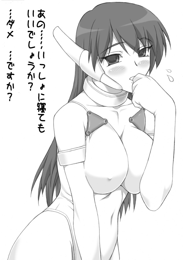 shichimenchou, serio (to heart), to heart, to heart (series), 1girl, blush, breasts, covered collarbone, covered erect nipples, cowboy shot, embarrassed, female focus, from side, greyscale, halterneck, hand to own mouth, huge breasts, leotard, monochrome, robot ears, simple background, skin tight, solo, standing