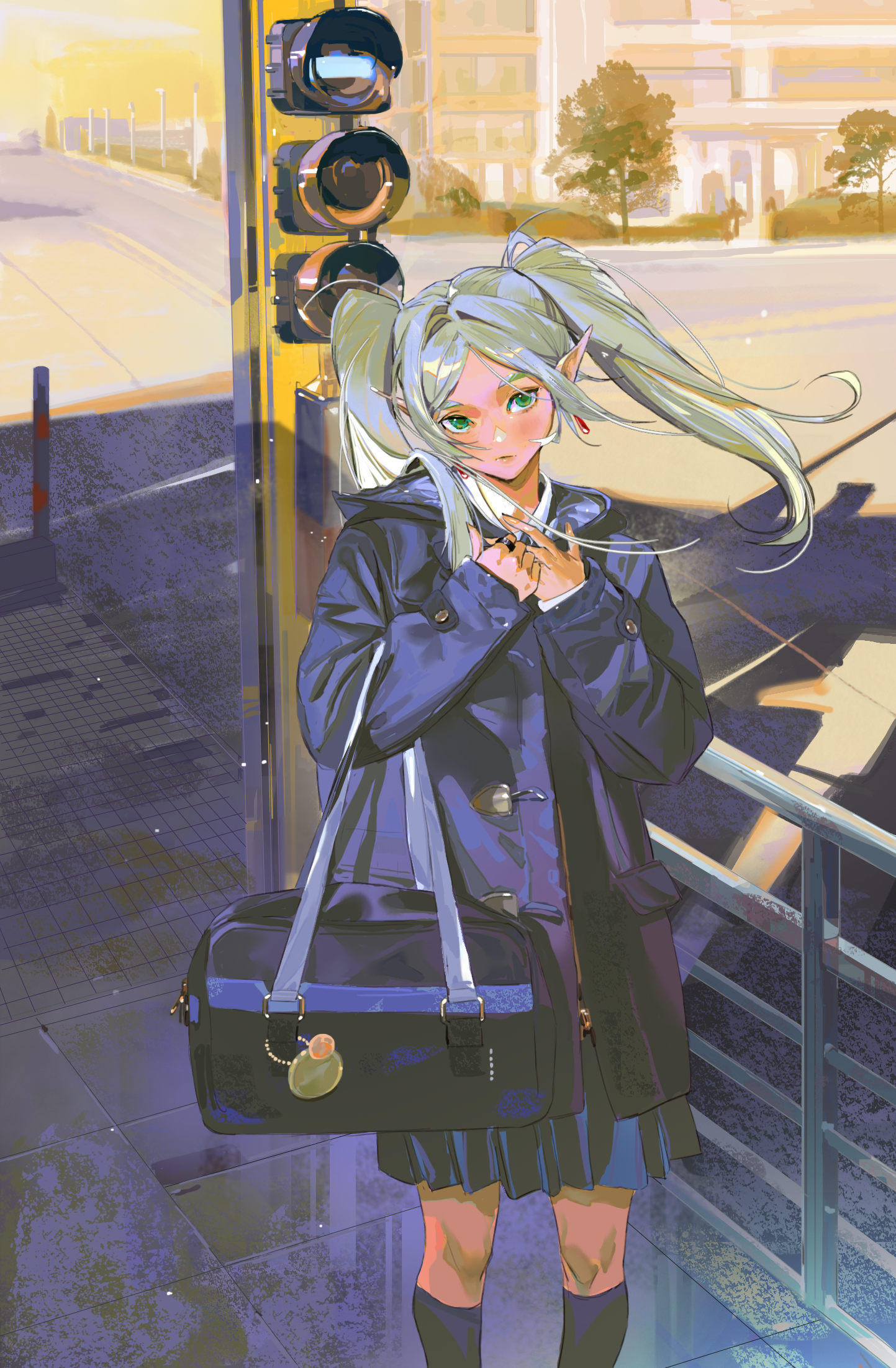 frieren, sousou no frieren, chinese commentary, commentary request, highres, 1girl, alternate costume, bag, black skirt, black socks, blue bag, blue jacket, closed mouth, contemporary, day, earrings, elf, green eyes, grey hair, hands up, holding, holding bag, hood, hood down, hooded jacket, jacket, jewelry, joumey, long hair, long sleeves, looking at viewer, outdoors, parted bangs, pleated skirt, pointy ears, road, school bag, school uniform, skirt, socks, solo, standing, street, tree, twintails, wind