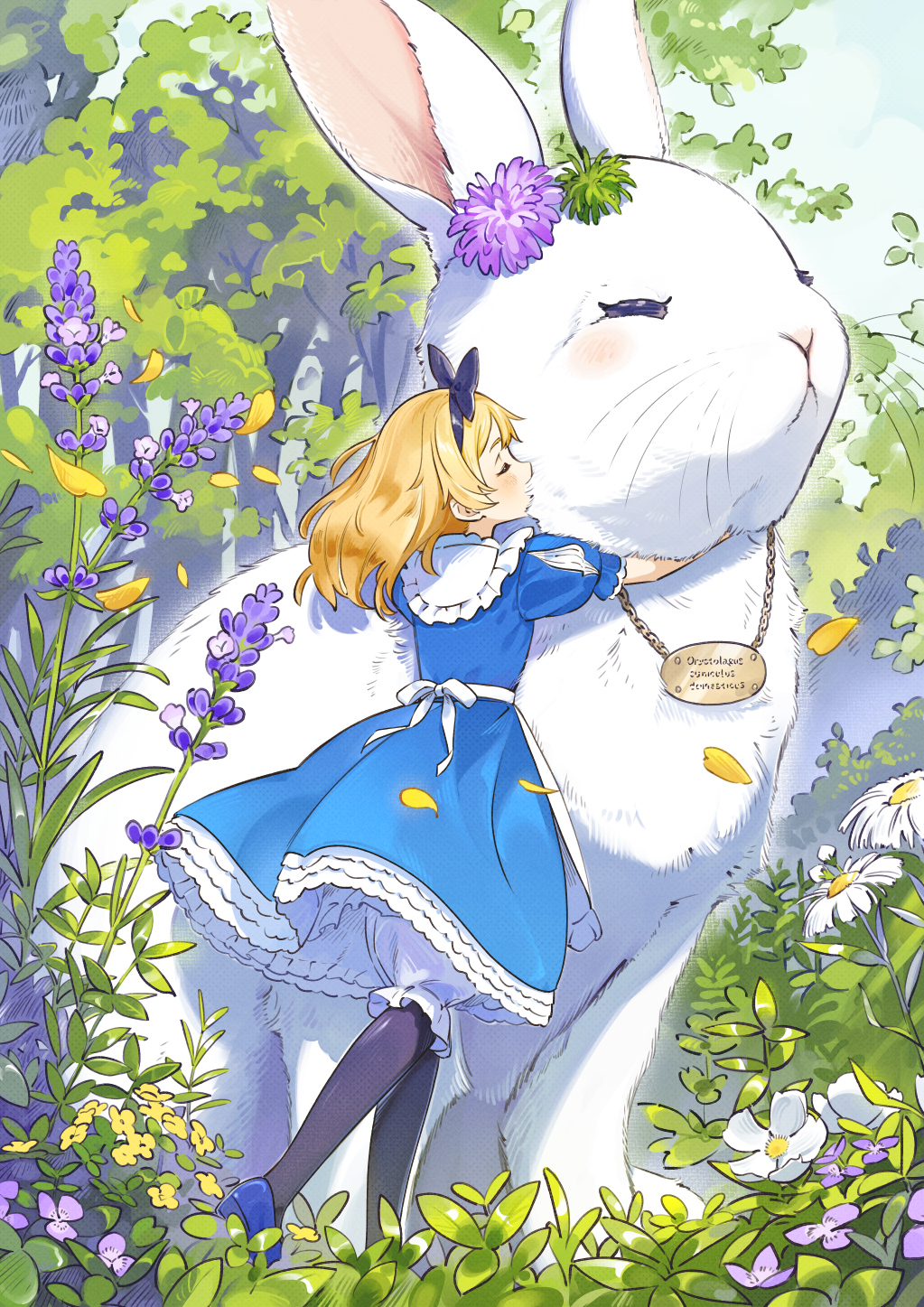 wakuseiy, alice's adventures in wonderland, original, highres, 1girl, animal, apron, black bow, blonde hair, bloomers, blue dress, blue shoes, bow, closed eyes, dress, frilled dress, frills, from behind, hair bow, hug, medium hair, open mouth, oversized animal, rabbit, shoes, underwear, white apron, white bloomers, white fur