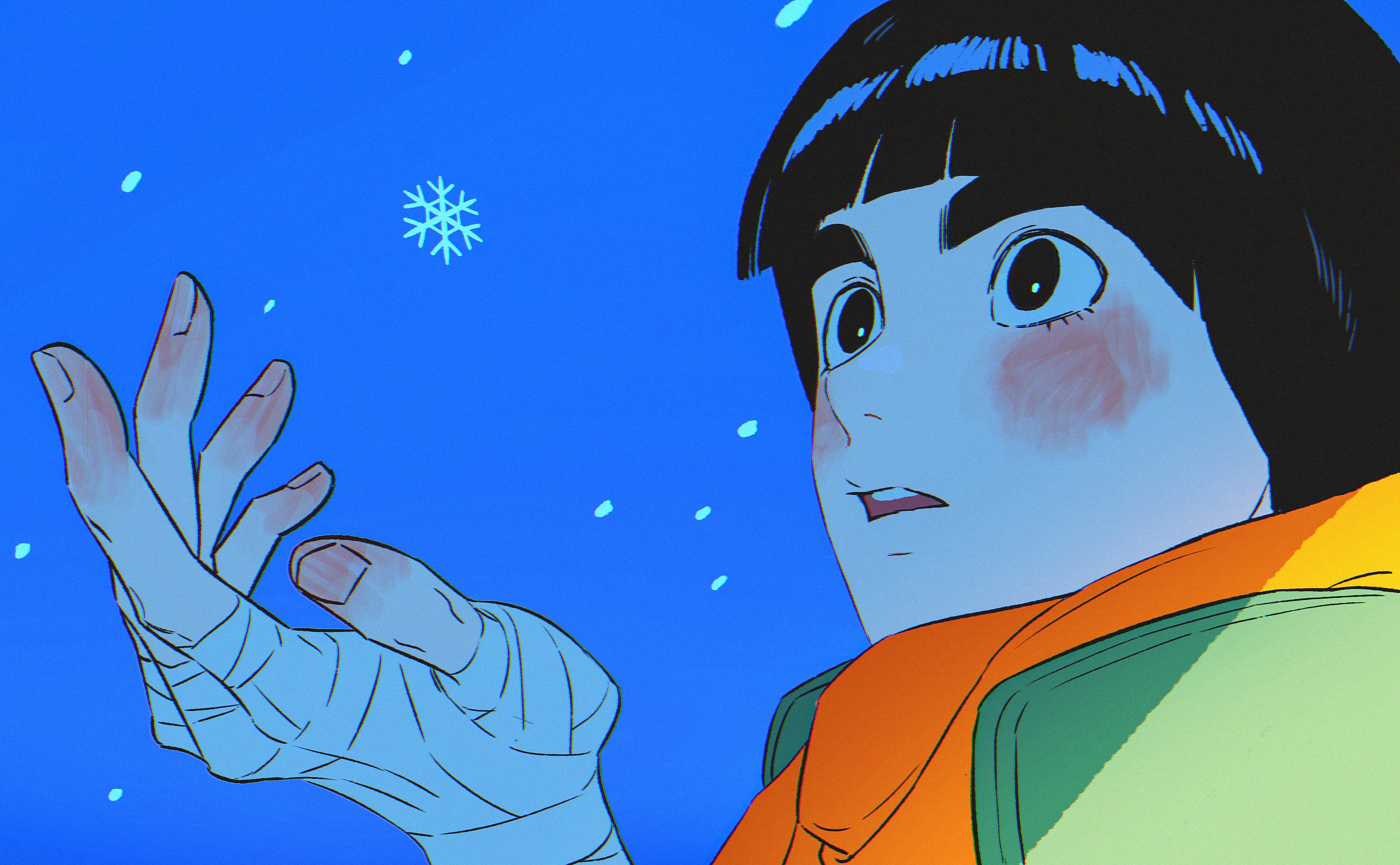 rock lee, naruto (series), absurdres, commentary request, highres, 1boy, bandaged hand, bandages, black eyes, black hair, blue background, blush, bowl cut, flak jacket, green jacket, jacket, m0 mo momo, male focus, open mouth, orange scarf, scarf, short hair, snow, snowflakes, solo, teeth, upper teeth only, wide-eyed