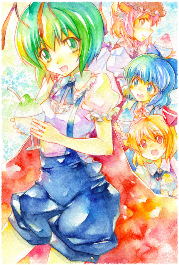 arai kuma, cirno, mystia lorelei, rumia, wriggle nightbug, touhou, bad id, bad pixiv id, animal ears, antennae, blonde hair, blue eyes, blue hair, bow, cape, food, green eyes, green hair, hair ribbon, hat, pink hair, red eyes, ribbon, shaved ice, short hair, team 9 (touhou), wings