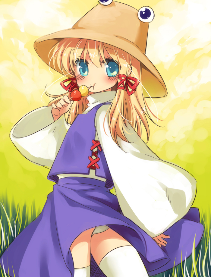 manle, moriya suwako, touhou, bad id, bad pixiv id, 1girl, blonde hair, blue eyes, dango, eating, female focus, food, gradient background, hat, nature, outdoors, panties, plant, short hair, skirt, sky, solo, thighhighs, underwear, wagashi
