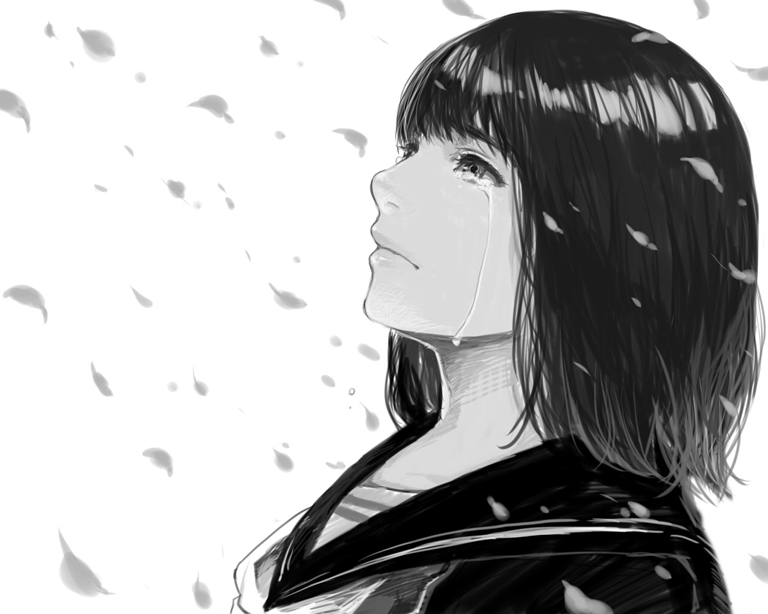 kochimo, original, black hair, greyscale, lips, monochrome, school uniform, solo, tears