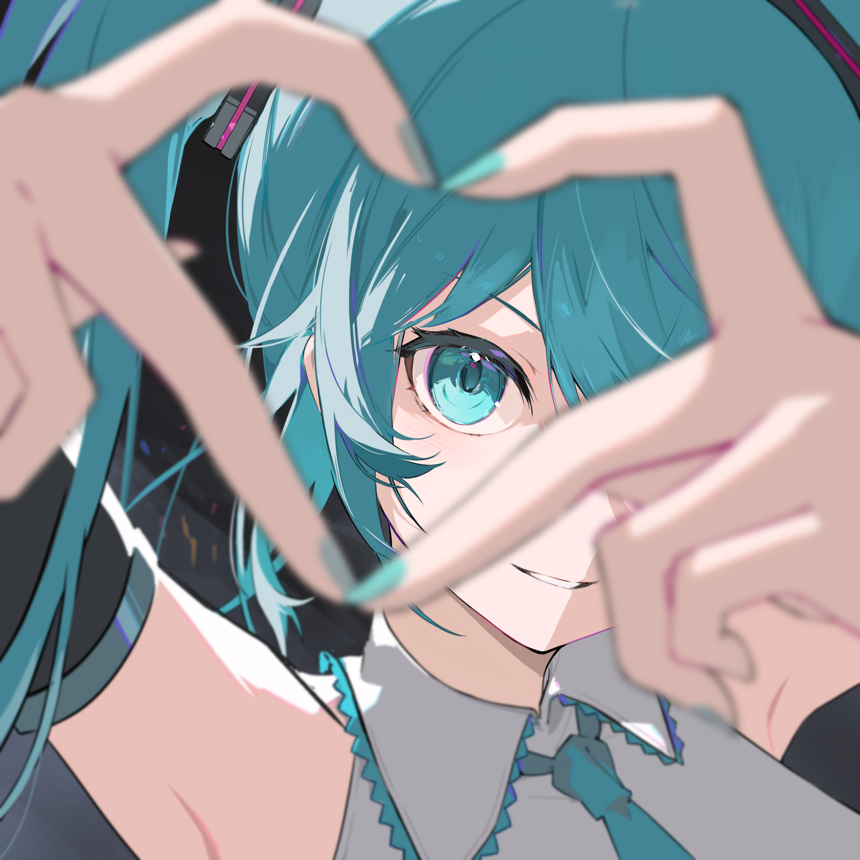 su ran (bilibili 18604428), hatsune miku, vocaloid, commentary, highres, symbol-only commentary, 1girl, aqua eyes, aqua halo, aqua nails, aqua necktie, bare shoulders, black background, black sleeves, blurry, blurry foreground, collared shirt, depth of field, detached sleeves, fingernails, four-finger heart hands, frilled shirt, frills, grey shirt, hair between eyes, halo, heart, heart hands, heart hands over eye, long hair, looking at viewer, nail polish, necktie, one eye covered, parted lips, portrait, shirt, sleeveless, sleeveless shirt, smile, solo, twintails
