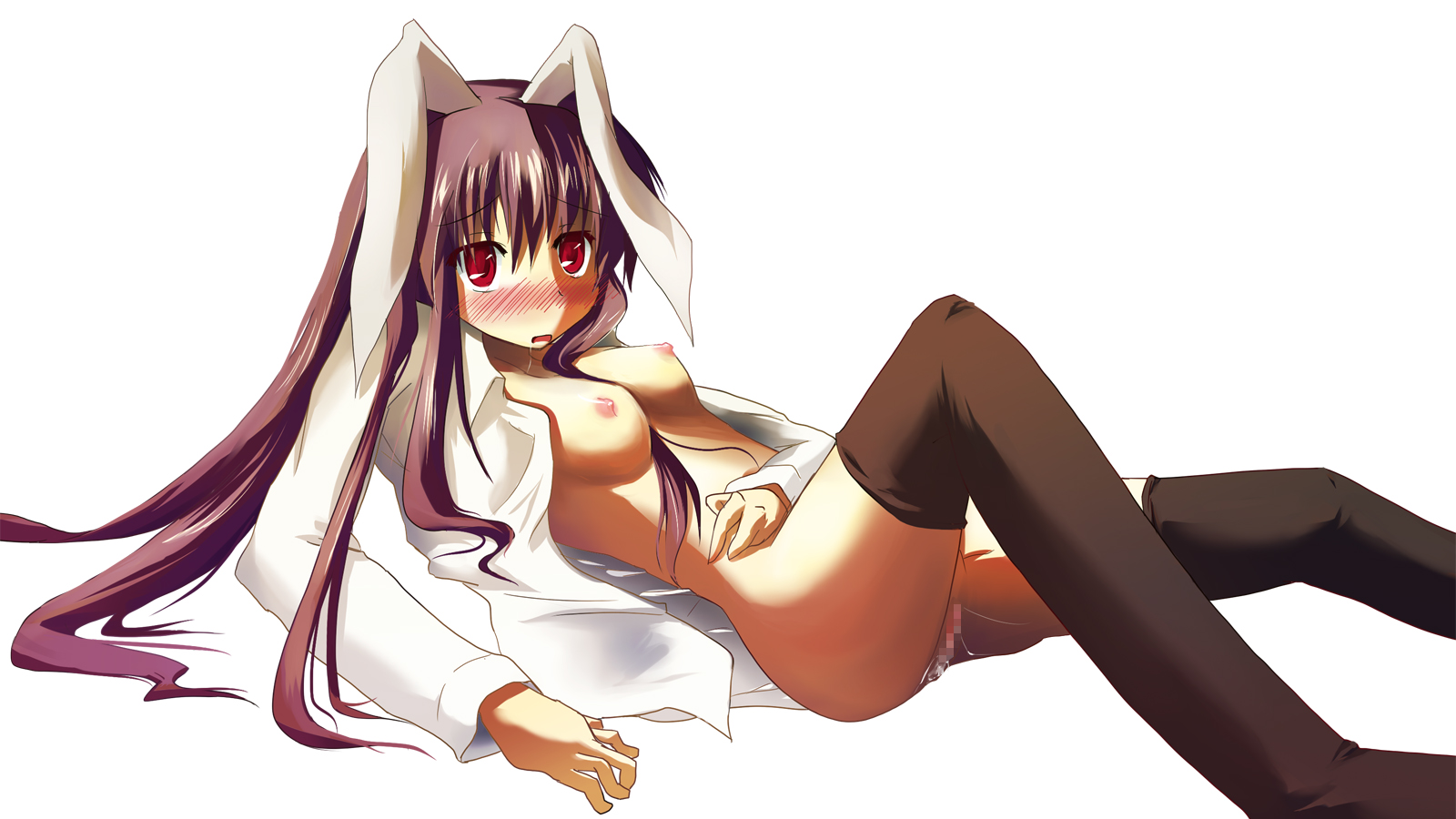 murasin, reisen udongein inaba, touhou, highres, 1girl, animal ears, blush, breasts, censored, female focus, nipples, pussy, rabbit ears, simple background, solo, thighhighs, white background