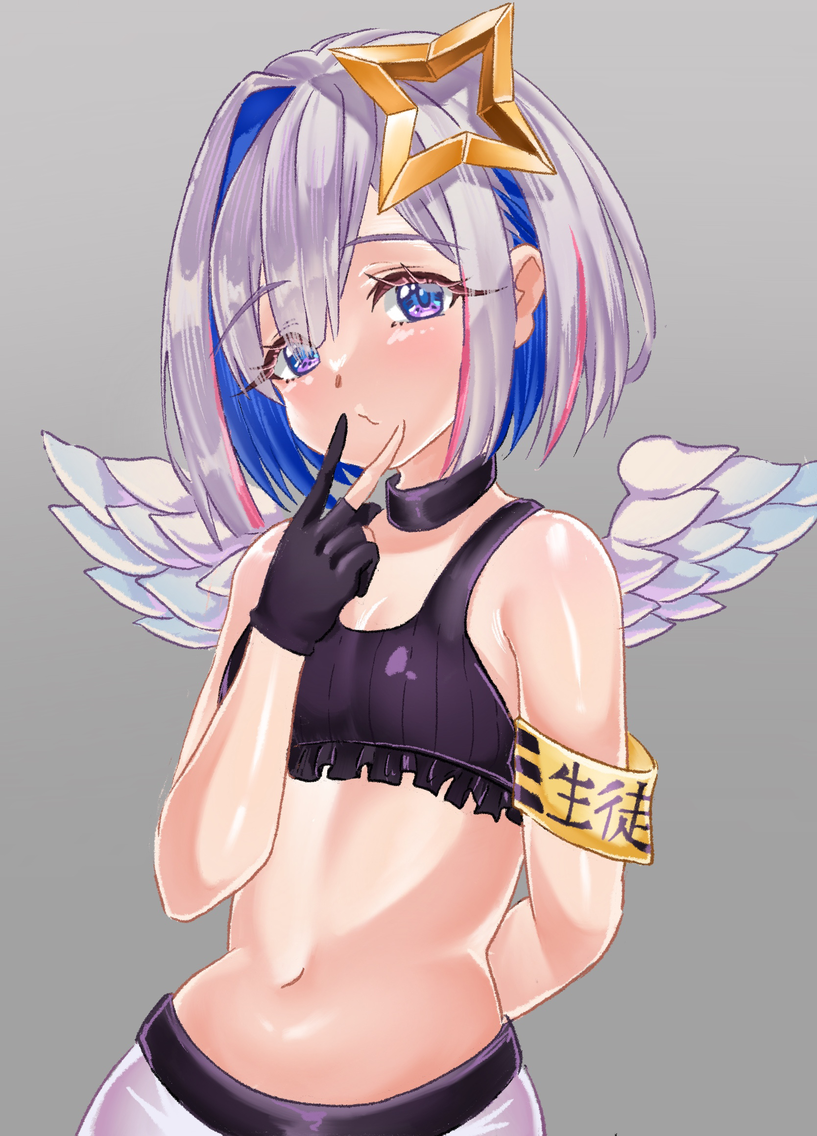 rorol reime, amane kanata, hololive, highres, 1girl, angel, angel wings, armband, black bra, black gloves, black panties, blue hair, bra, breasts, closed mouth, gloves, grey background, grey hair, hair intakes, halo, looking at viewer, multicolored hair, panties, partially fingerless gloves, pink streaks, purple eyes, small breasts, solo, star halo, streaked hair, underwear, v, v over eye, virtual youtuber, wings, yellow armband