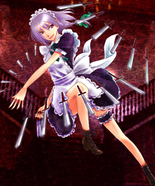 itsuki (itu-ki), izayoi sakuya, touhou, silver hair, 1girl, braid, female focus, indoors, knife, maid, red eyes, short hair, solo, throwing knife, twin braids, weapon