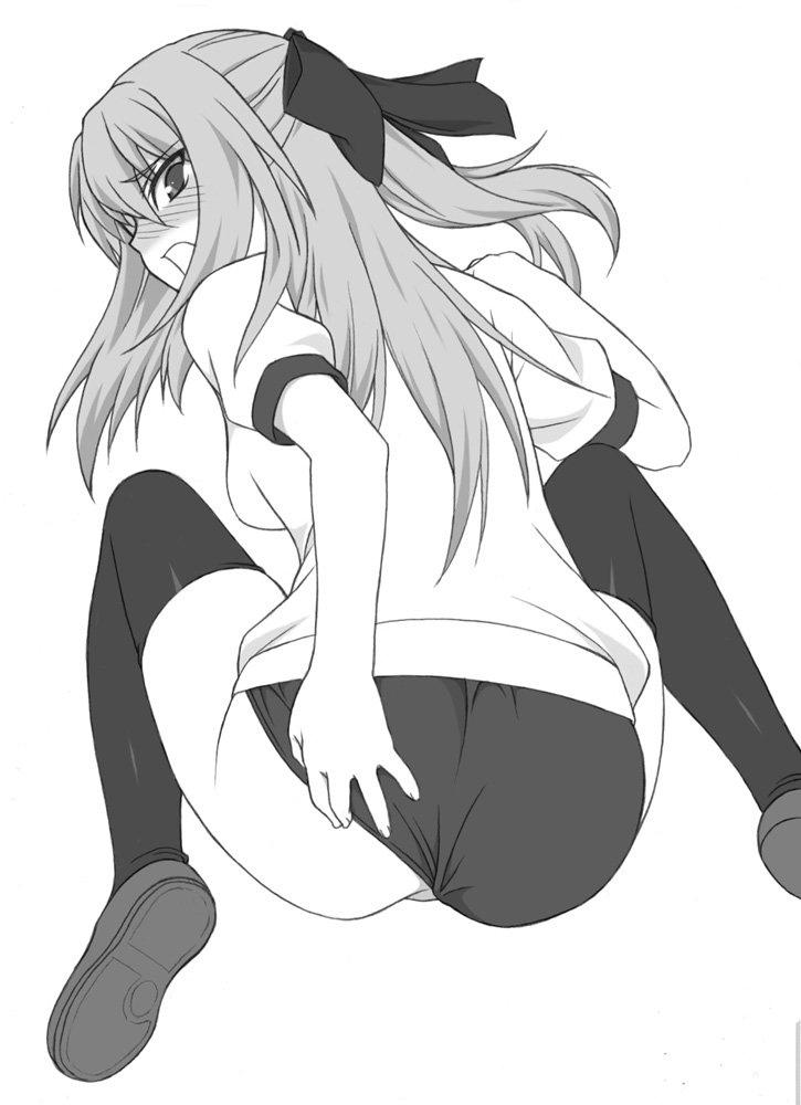 shichimenchou, cyrille (shining force exa), sega, shining (series), shining force exa, 1girl, ass, buruma, female focus, greyscale, gym uniform, half updo, long hair, looking back, monochrome, ribbon, simple background, solo, thighhighs