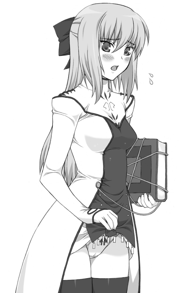 shichimenchou, cyrille (shining force exa), sega, shining (series), shining force exa, 1girl, blush, book, cameltoe, clothes lift, female focus, greyscale, half updo, monochrome, panties, ribbon, simple background, skirt, skirt lift, solo, thighhighs, underwear