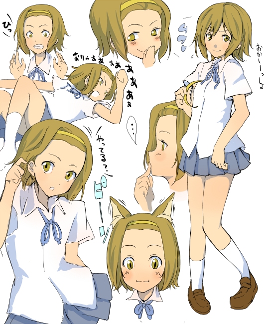 nishiuri warito, tainaka ritsu, k-on!, bad id, bad pixiv id, 00s, 1girl, alternate hairstyle, animal ears, brown eyes, brown hair, cat ears, hair down, hairband, legs, loafers, reference sheet, school uniform, shoes, short hair, socks, unworn hairband, unworn headwear, white socks
