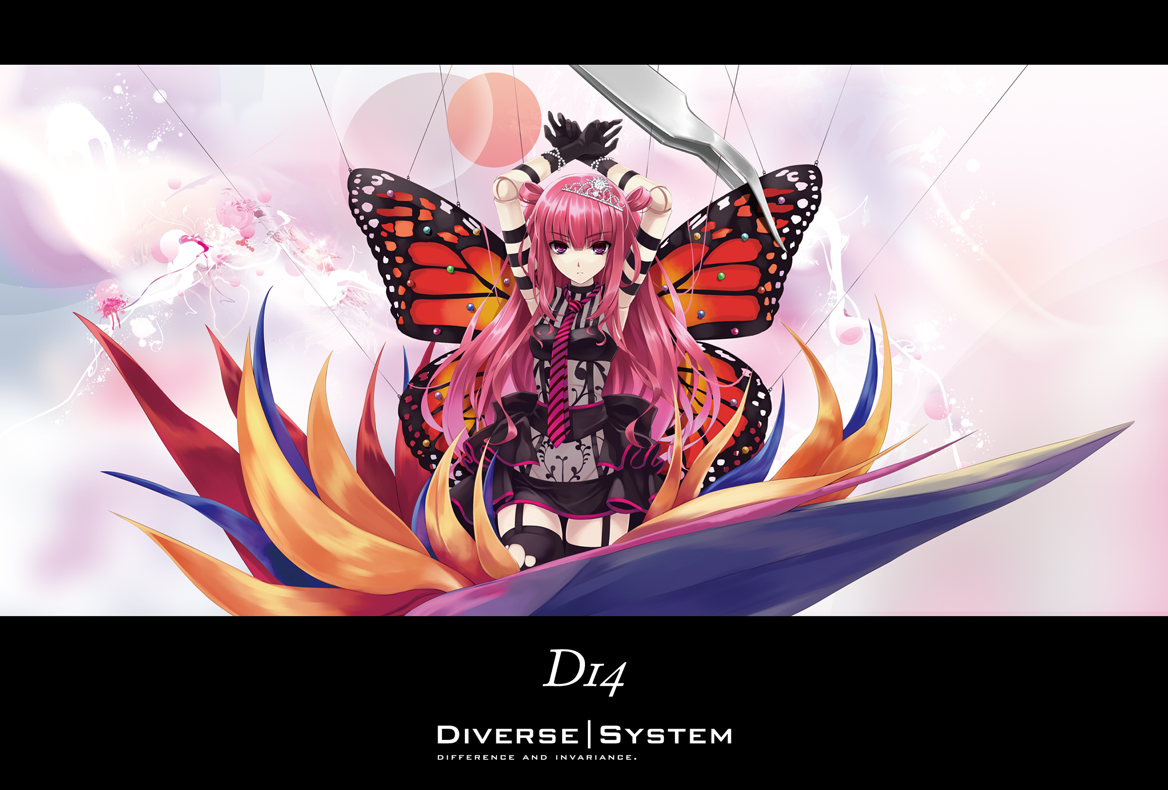 diverse system, misaki kurehito, umegiri ameto, beatmania iidx, beatmania iidx 16 empress, bemani, konami, highres, 1girl, album cover, arms up, butterfly wings, cover, doll joints, female focus, garter belt, garter straps, insect wings, joints, letterboxed, necktie, pink hair, purple eyes, solo, string, thighhighs, tiara, torn clothes, two side up, wings