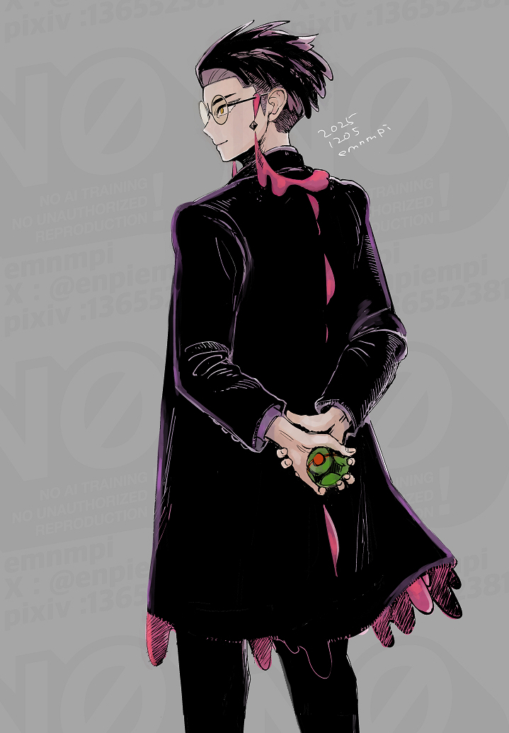 enpiempi, corbeau (pokemon), nintendo, pokemon, pokemon legends: z-a, commentary request, 1boy, arms behind back, black coat, black pants, closed mouth, coat, dated, dusk ball, feet out of frame, grey background, holding, holding poke ball, layered sleeves, long sleeves, looking to the side, male focus, pants, parted hair, poke ball, purple hair, short hair, sideways glance, simple background, solo, standing, yellow eyes
