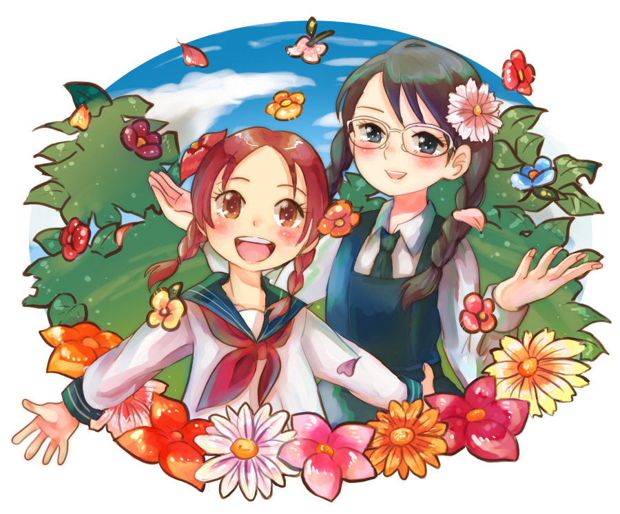 oota, manjoume fumi, okudaira akira, aoi hana, bad id, bad pixiv id, 00s, 2girls, black hair, blush, braid, brown eyes, brown hair, flower, glasses, long hair, multiple girls, necktie, open mouth, ribbon, school uniform, serafuku, short hair, smile, twin braids, twintails