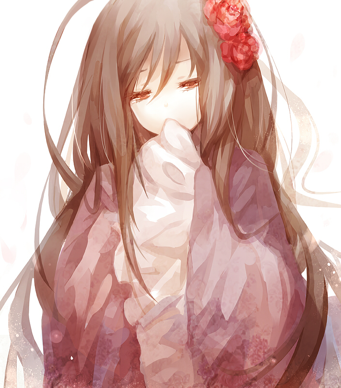 dhiea, taiwan (hetalia), axis powers hetalia, bad id, bad pixiv id, 00s, 1girl, brown eyes, brown hair, changpao, chinese clothes, female focus, flower, hair ornament, long hair, long sleeves, simple background, sleeves past wrists, solo