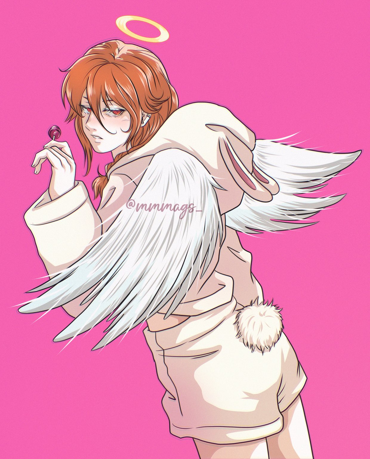 angel devil (chainsaw man), chainsaw man, commentary, english commentary, highres, 1boy, alternate costume, angel wings, blush, braid, candy, ear piercing, food, from behind, hair between eyes, halo, holding, holding candy, holding food, holding lollipop, hood, hood down, lollipop, long hair, looking at viewer, looking back, male focus, mmmags, piercing, pink background, red eyes, simple background, solo, traditional halo, twitter username, white wings, wings