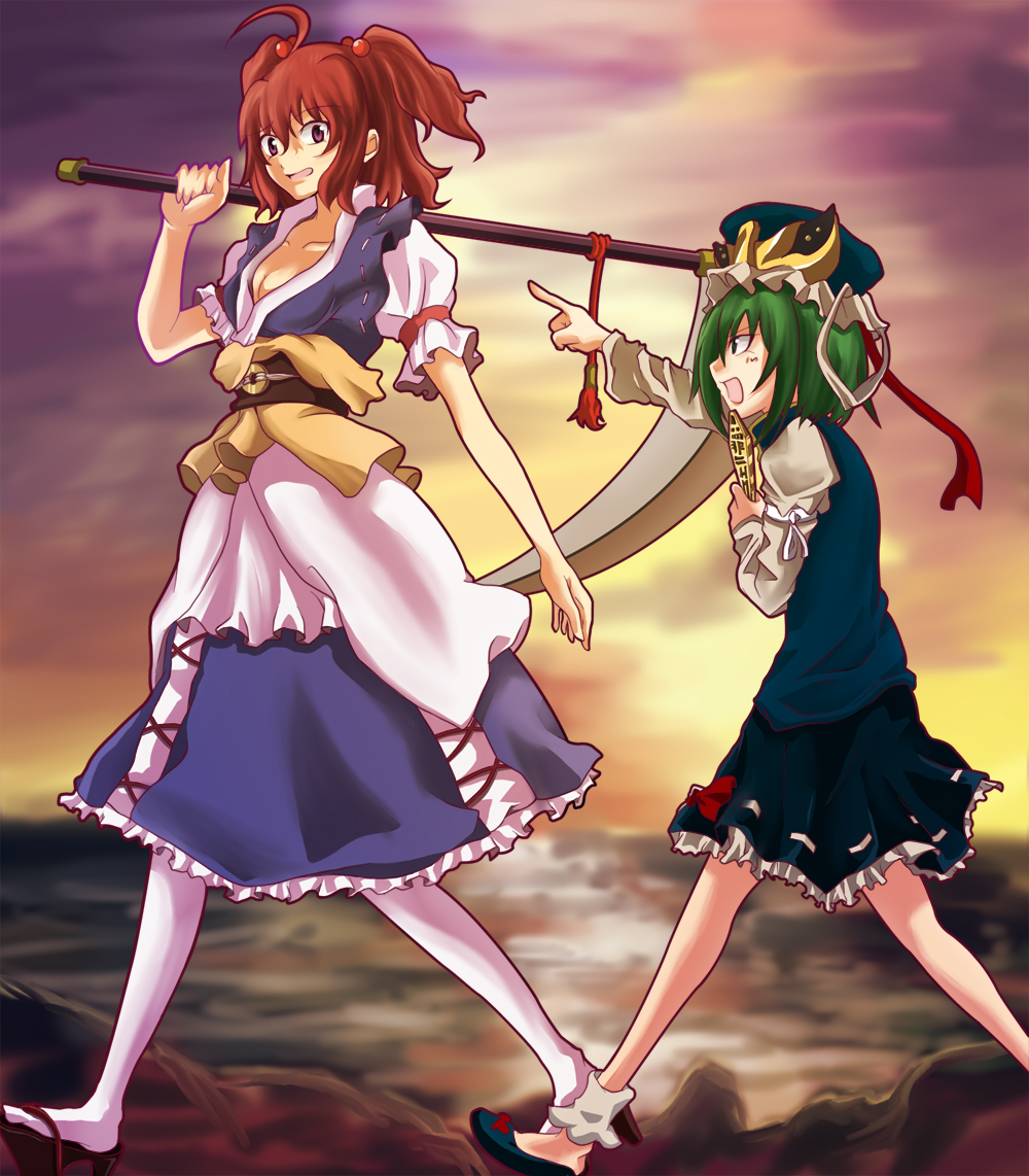 pokimari, onozuka komachi, shiki eiki, touhou, bad id, bad pixiv id, 2girls, blue eyes, breasts, clog sandals, female focus, green hair, hat, multiple girls, okobo, outdoors, platform sandals, red eyes, red hair, rod of remorse, sandals, scythe, short hair, sky, twintails, two side up, walking, water