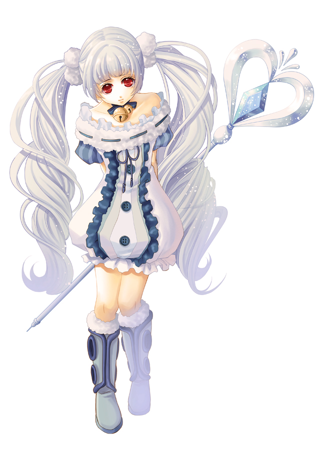 okuma mai, original, bad id, bad pixiv id, 1girl, bell, blue hair, buttons, female focus, full body, long hair, red eyes, simple background, solo, staff, twintails, white background