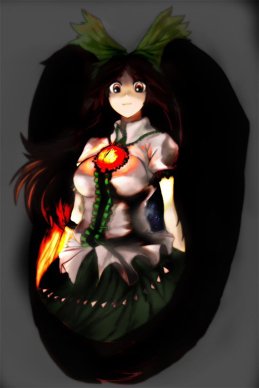 arugeri, reiuji utsuho, touhou, 1girl, black hair, bow, breasts, female focus, glowing, large bow, large breasts, long hair, red eyes, smile, solo, standing, wings