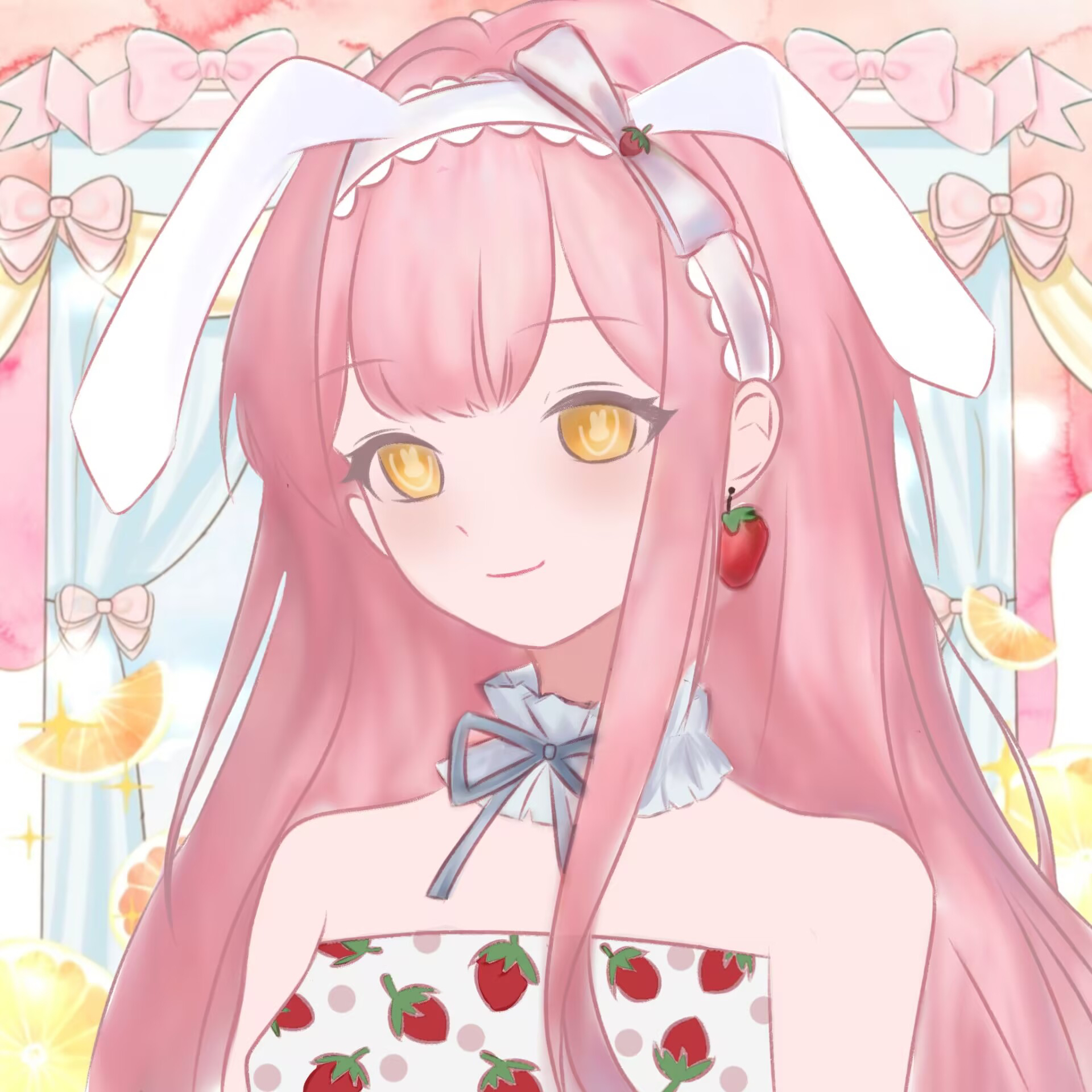 fanfanjiadeayuanjiang, nikki (nikki), nikki (series), nikki up2u, highres, 1girl, animal ear hairband, animal ears, bare shoulders, belt, blue sky, bow, choker, closed mouth, cloud, day, dot nose, dress, ear bow, earrings, fake animal ears, floppy ears, food, food-themed earrings, food-themed hair ornament, food print, food themed earrings, frilled choker, frills, fruit, fruit print, grey bow, grey choker, grey ribbon, hair ornament, hairband, happy, indoors, jewelry, lace-trimmed hairband, lace trim, light blush, long hair, looking ahead, looking at viewer, neck ribbon, orange (fruit), orange slice, pink belt, pink hair, polka dot, polka dot dress, print dress, rabbit-shaped pupils, rabbit ear hairband, rabbit ears, ribbon, single sidelock, sky, smile, solo, sparkle, strapless, strapless dress, strawberry earrings, strawberry hair ornament, strawberry print, symbol-shaped pupils, upper body, very long hair, wavy hair, white dress, white hairband, window, yellow eyes, yellow pupils