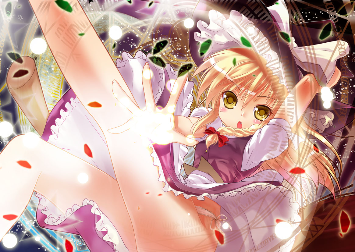 porurin (do-desho), kirisame marisa, touhou, 1girl, blonde hair, braid, broom, female focus, hat, magic circle, panties, short hair, side-tie panties, solo, underwear, witch, witch hat, yellow eyes