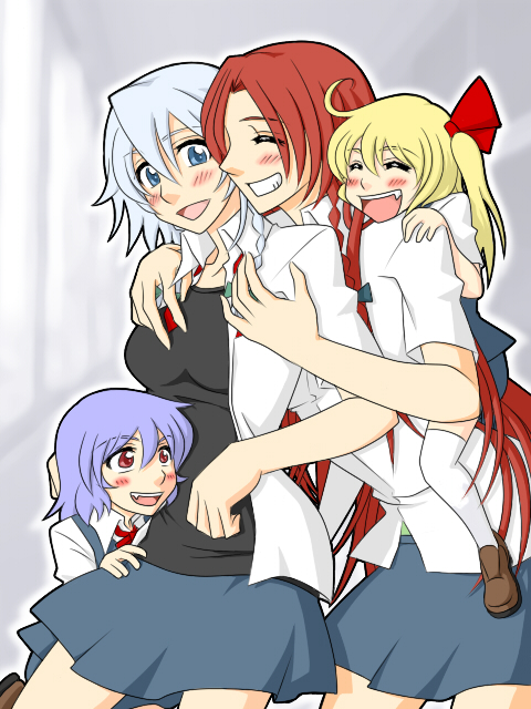 neko majin, flandre scarlet, hong meiling, izayoi sakuya, remilia scarlet, embodiment of scarlet devil, touhou, 4girls, alternate costume, breasts, contemporary, fang, female focus, happy, indoors, multiple girls, open mouth, school uniform, skirt, smile