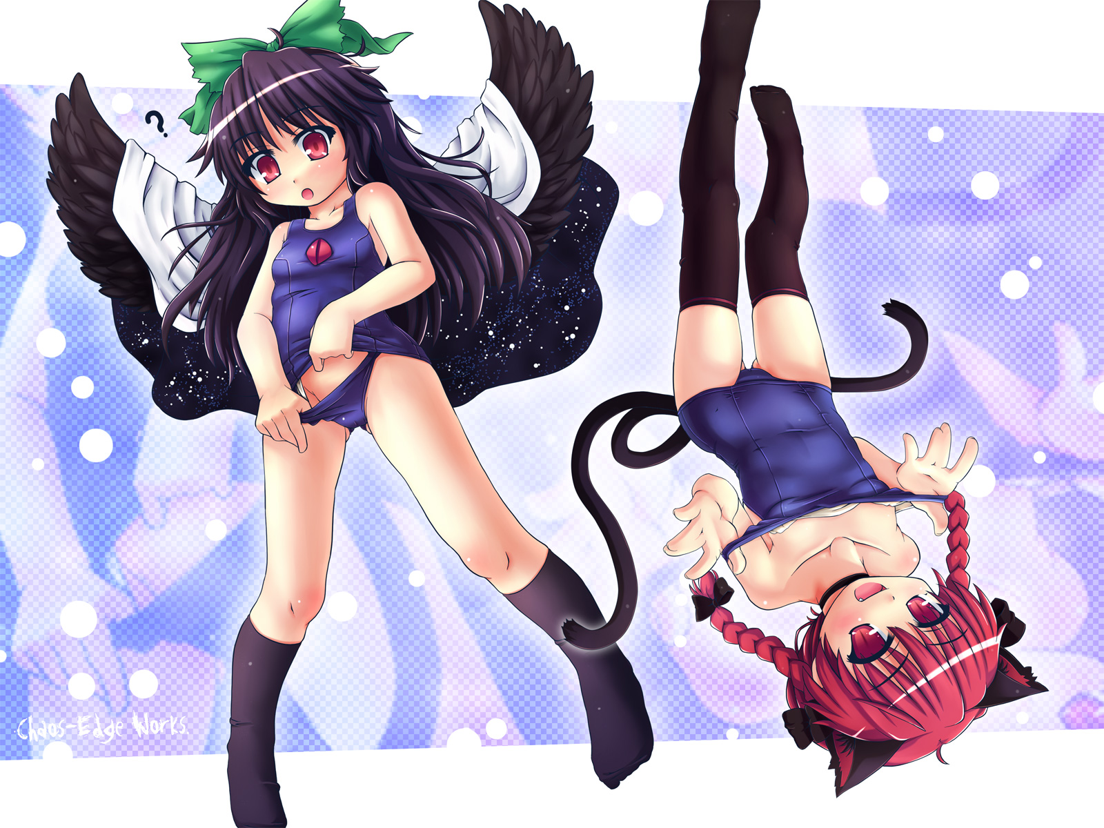 etogami kazuya, kaenbyou rin, reiuji utsuho, touhou, highres, 2girls, ?, animal ears, black hair, bow, braid, cape, cat ears, cat girl, cat tail, clothes pull, female focus, hair ribbon, long hair, multiple girls, multiple tails, one-piece swimsuit, one-piece swimsuit pull, pulling own clothes, red eyes, red hair, ribbon, school swimsuit, school swimsuit flap, short hair, socks, strap pull, swimsuit, tail, thighhighs, twin braids, twintails, wings, zoom layer