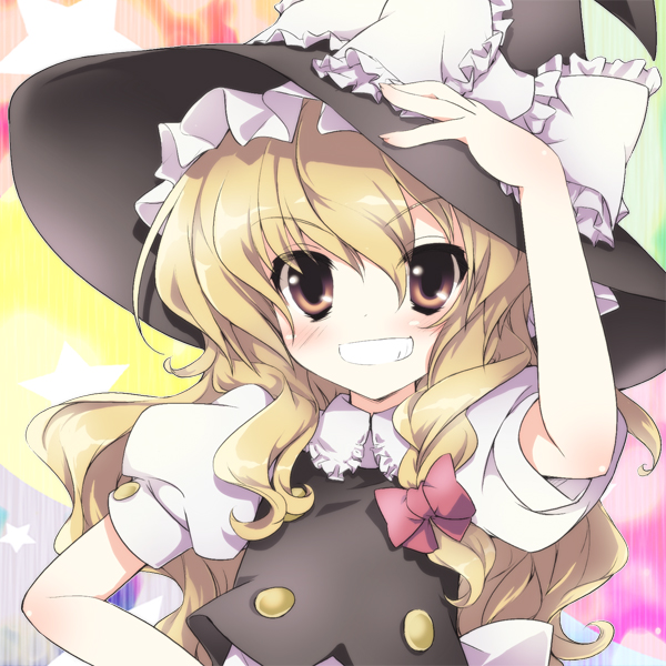 ateru, gotou nao, kirisame marisa, touhou, bad id, bad pixiv id, colorized, 1girl, blonde hair, braid, brown eyes, brown hair, female focus, grin, hand on own hip, hat, ribbon, smile, solo, upper body, witch, witch hat