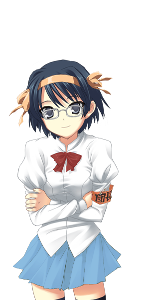 snicket, hakamichi shizune, suzumiya haruhi, katawa shoujo, suzumiya haruhi no yuuutsu, third-party edit, cosplay, crossed arms, crossover, glasses, hairband, headband, school uniform, skirt, solo, suzumiya haruhi (cosplay), transparent background