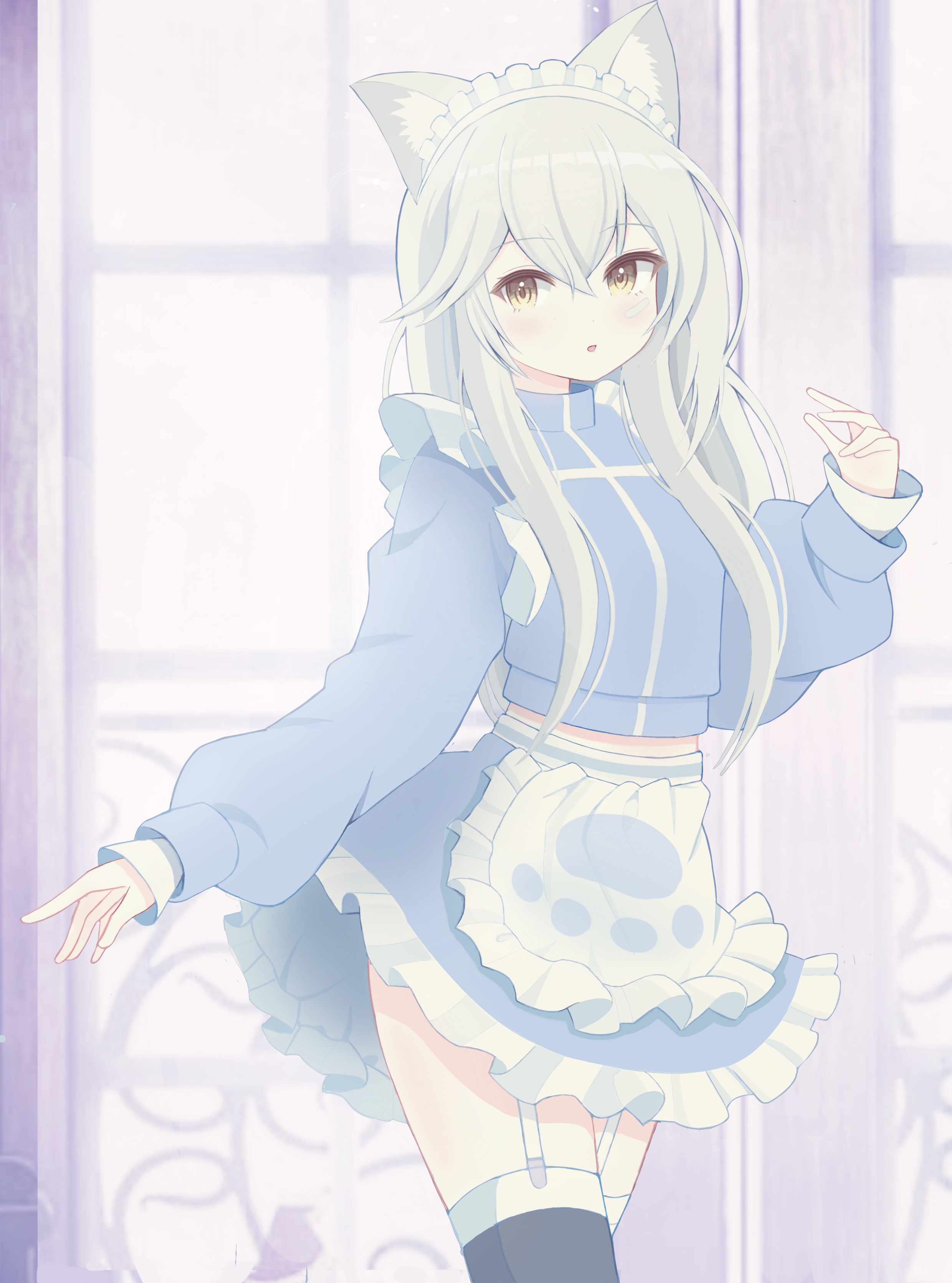 mikoko1, original, absurdres, commentary request, commission, highres, skeb commission, 1girl, animal ear fluff, animal ears, apron, black thighhighs, blue jacket, blue skirt, brown eyes, frilled apron, frilled skirt, frills, garter straps, grey hair, hair between eyes, hand up, jacket, long hair, long sleeves, looking at viewer, midriff peek, parted lips, puffy long sleeves, puffy sleeves, skirt, sleeves past wrists, solo, thighhighs, very long hair, white apron