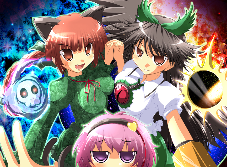 na! (na'mr), kaenbyou rin, komeiji satori, reiuji utsuho, touhou, 3girls, black sun, female focus, holding hands, multiple girls, skull, sun