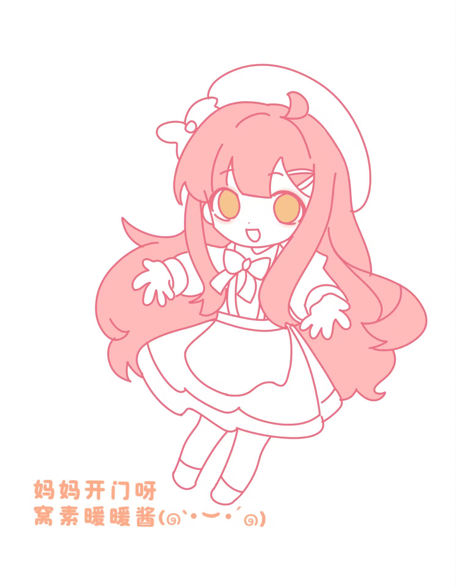 fanfanjiadeayuanjiang, nikki (nikki), nikki (series), highres, translation request, 1girl, ahoge, apron, bare legs, beret, blunt bangs, boots, bow, bowtie, brown eyes, chibi, chinese text, dot nose, dress, flat color, hair bow, hair ornament, hairclip, happy, hat, long hair, long sidelocks, long sleeves, looking at viewer, medium dress, open mouth, outstretched arms, parallel hairclips, partially colored, pink hair, pleated dress, puffy long sleeves, puffy sleeves, sidelocks, simple background, smile, solo, tareme, very long hair, wavy hair, white background