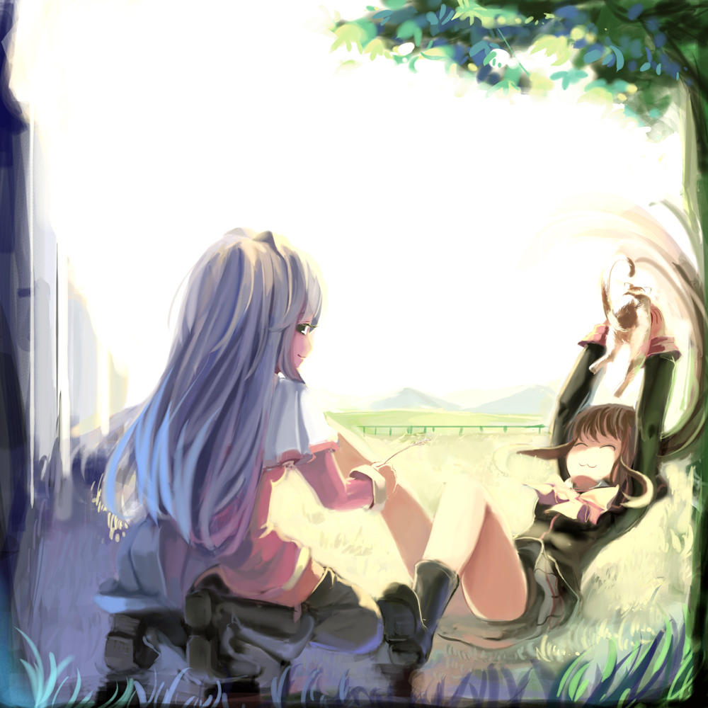 ameru.miro, minase nayuki, natsume rin, kanon, little busters!, bad id, bad pixiv id, :3, boots, cat, cat teaser, long hair, school uniform, thighhighs