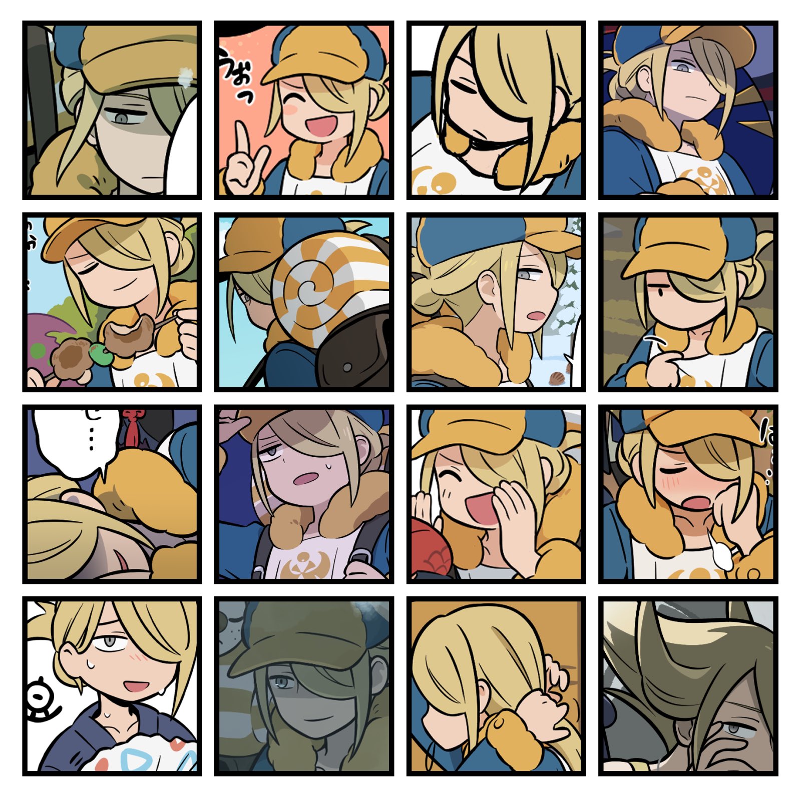 shuan 420, spiritomb, unown, unown w, volo (pokemon), nintendo, pokemon, pokemon legends: arceus, commentary request, highres, 1boy, arms up, backpack, bag, blonde hair, border, closed eyes, closed mouth, food, fur-trimmed collar, fur trim, gen 2 pokemon, gen 4 pokemon, ginkgo guild uniform, grey eyes, hair bun, hair down, hair horns, hair over one eye, hat, jitome, lying, male focus, multicolored hat, multiple views, newsboy cap, on side, one eye covered, orange fur, pointing, pointing at self, pokemon (creature), profile, puff of air, shish kebab, shouting, smile, speech bubble, sweatdrop, tying hair, white border