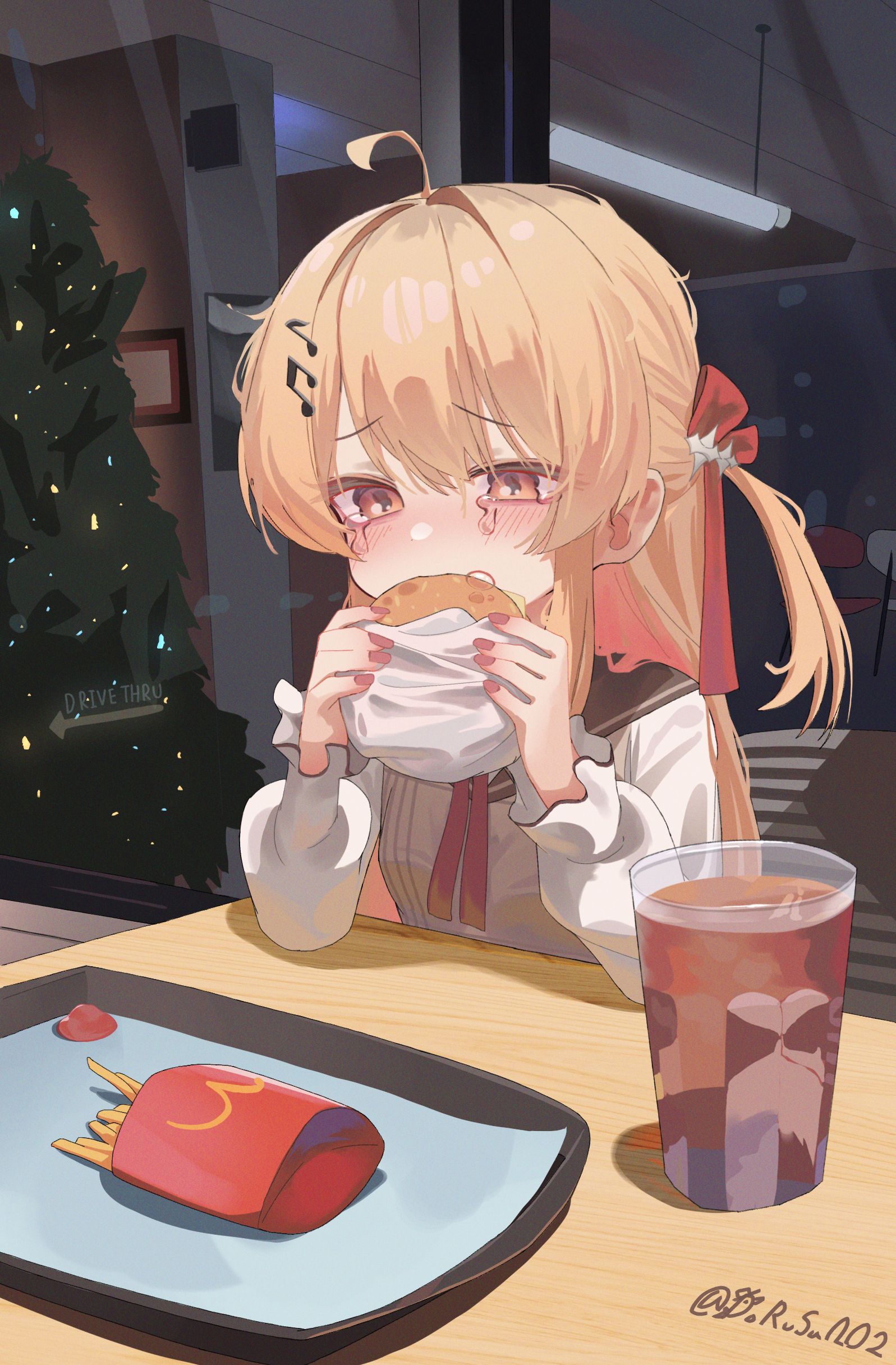 dorusan 02, otonose kanade, hololive, hololive dev is, absurdres, commentary request, highres, 1girl, ahoge, blonde hair, burger, christmas tree, crying, crying with eyes open, cup, disposable cup, eating, fast food, food, fortissimo, french fries, hair ornament, holding, holding burger, holding food, long hair, musical note, musical note hair ornament, one side up, red eyes, red ribbon, ribbon, solo, tears, twitter username