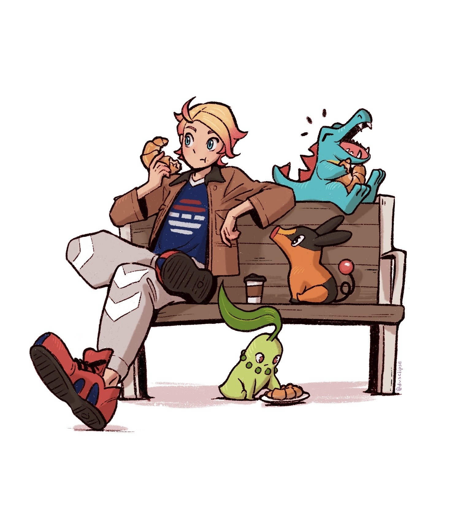 chikorita, tepig, totodile, urbain (pokemon), nintendo, pokemon, pokemon legends: z-a, highres, 1boy, blonde hair, blue eyes, blue shirt, brown jacket, closed eyes, croissant, dusclipse, eating, food, gen 2 pokemon, gen 5 pokemon, grey pants, holding, holding food, jacket, open clothes, open jacket, open mouth, pants, pokemon (creature), red shoes, shirt, shoes, simple background, sitting, white background