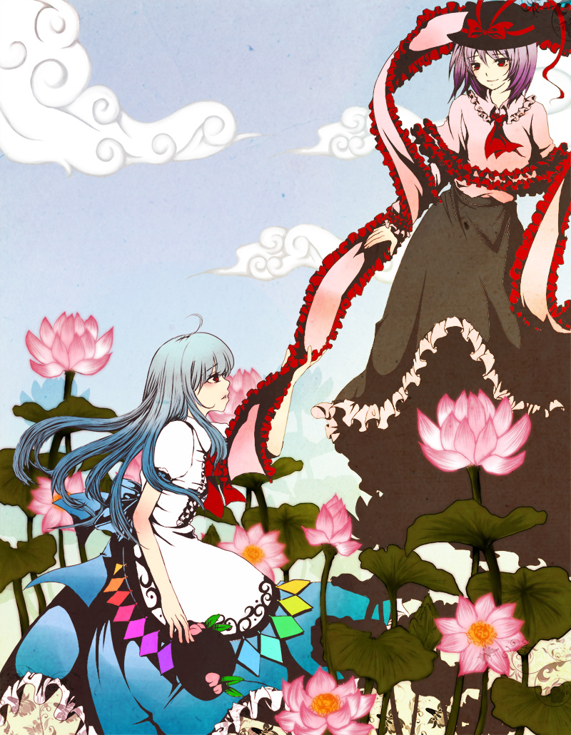 geike, hinanawi tenshi, nagae iku, touhou, bad id, bad pixiv id, 2girls, blue hair, female focus, flower, food, fruit, hat, hat ornament, holding, holding unworn clothes, holding unworn hat, leaf hat ornament, long hair, multiple girls, peach, purple hair, red eyes, shawl, short hair, unworn hat, unworn headwear