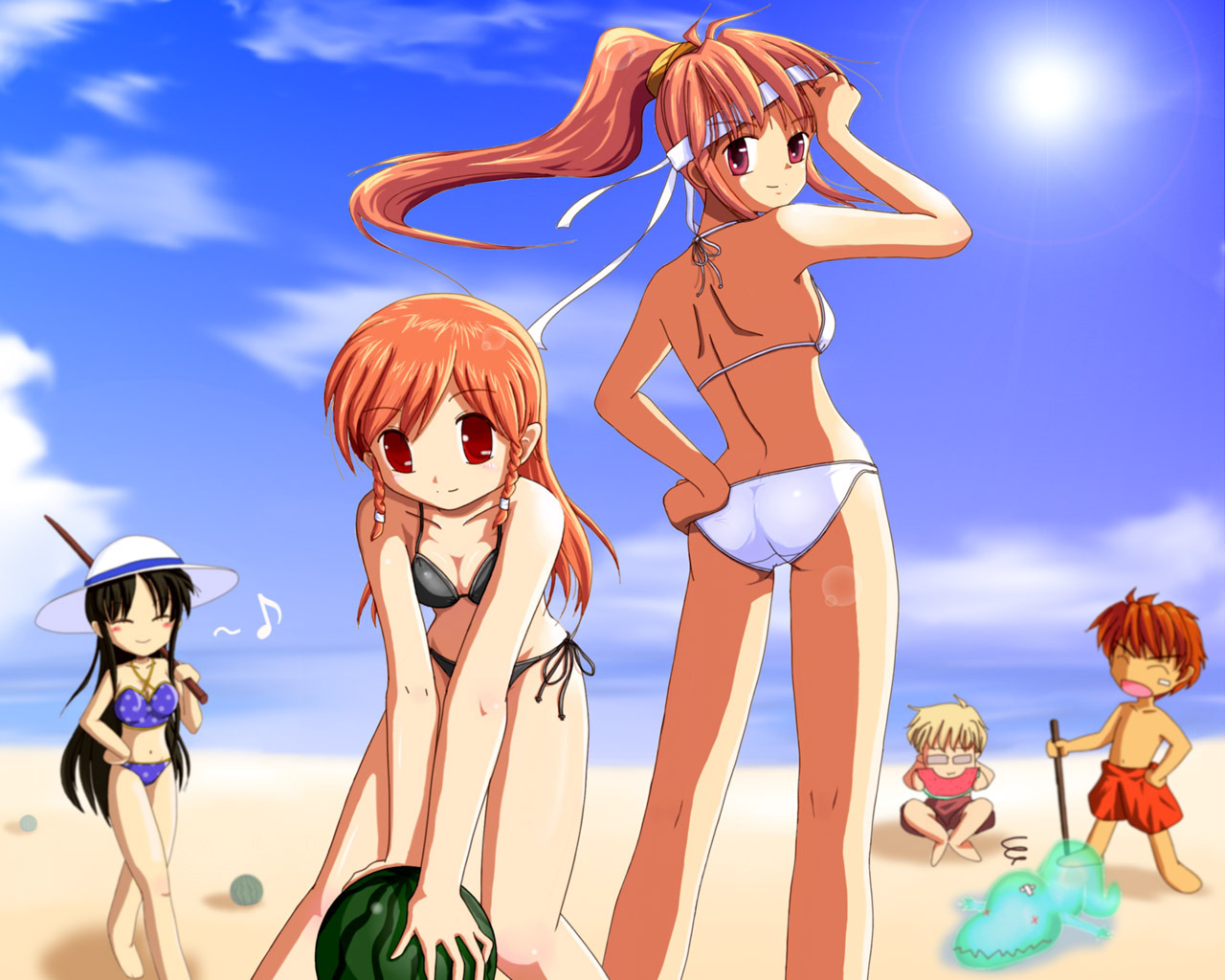 mari gwydion, morrighan, ruairi, tarlach, triona, mabinogi, 2boys, 3girls, beach, bikini, closed eyes, day, food, fruit, hand on own hip, hip focus, looking back, multiple boys, multiple girls, outdoors, ruari, swimsuit, watermelon