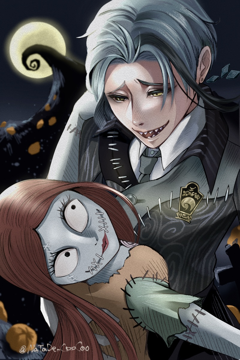 jade leech, sally (nbc), the nightmare before christmas, twisted wonderland, highres, 1boy, 1girl, gloves, long hair, looking at viewer, male focus, moon, multicolored hair, natade coo coo, night raven college school uniform, patchwork clothes, patchwork skin, school uniform, shirt, short hair, simple background, smile, stitches, streaked hair, striped clothes, upper body