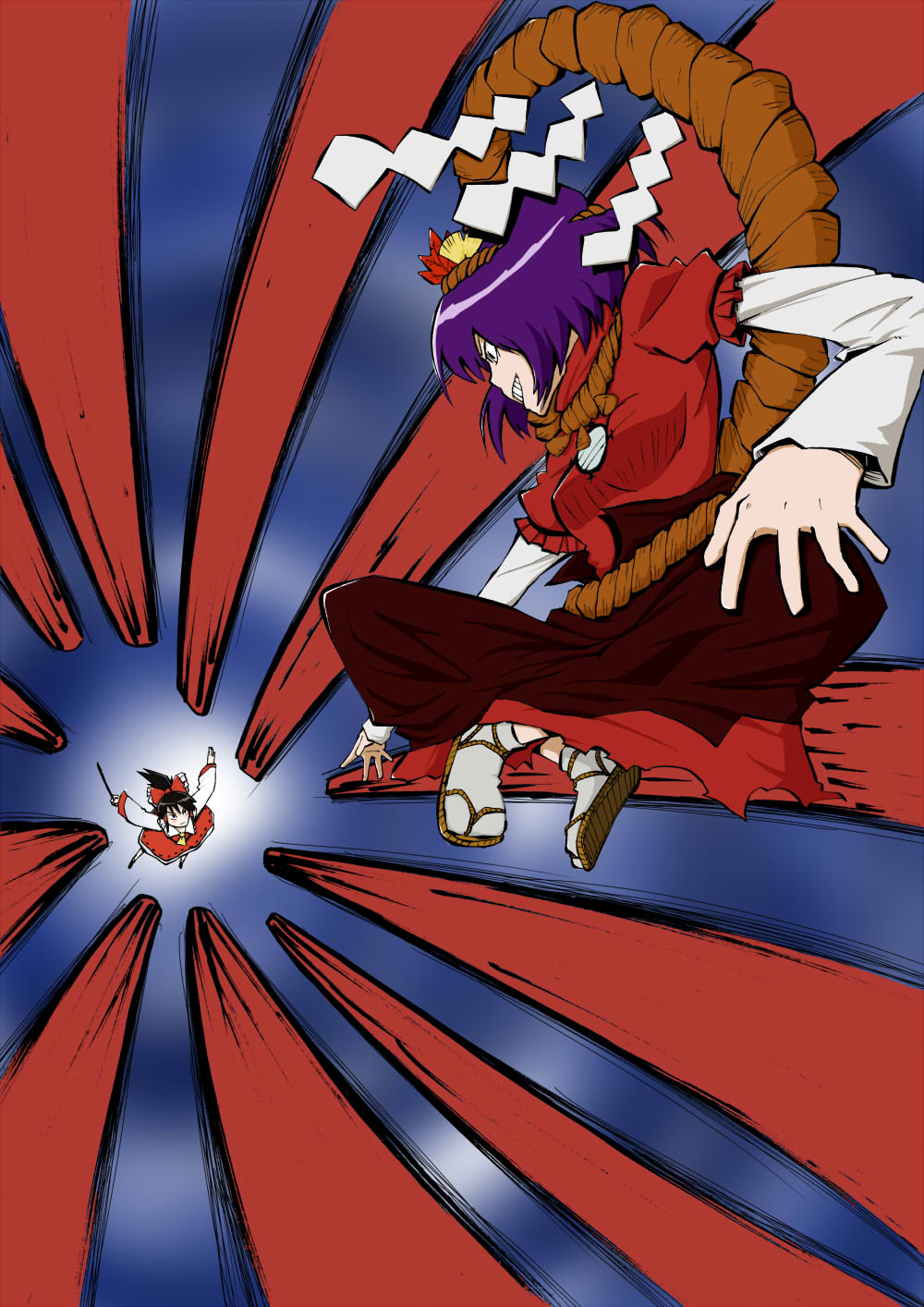 karu (ishiken), hakurei reimu, yasaka kanako, touhou, highres, millipen (medium), nib pen (medium), pen (medium), traditional media, 2girls, battle, bow, breasts, brown hair, female focus, grin, hair bow, hair ornament, multiple girls, ponytail, purple hair, rope, sandals, skirt, smile