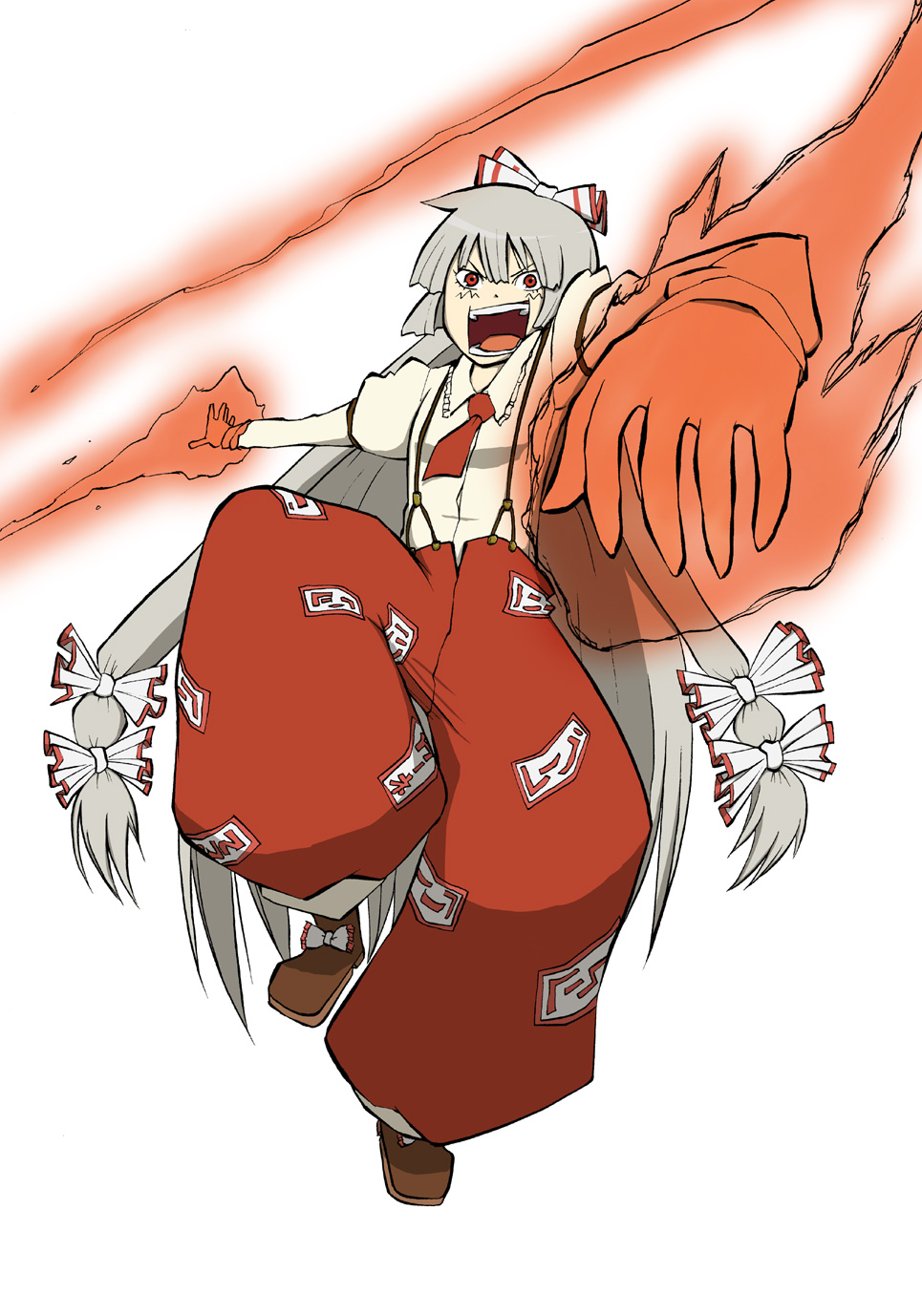karu (ishiken), fujiwara no mokou, touhou, silver hair, highres, nib pen (medium), pen (medium), traditional media, 1girl, bow, female focus, fire, full body, hair bow, long hair, multiple hair bows, red eyes, solo, suspenders, very long hair, white background