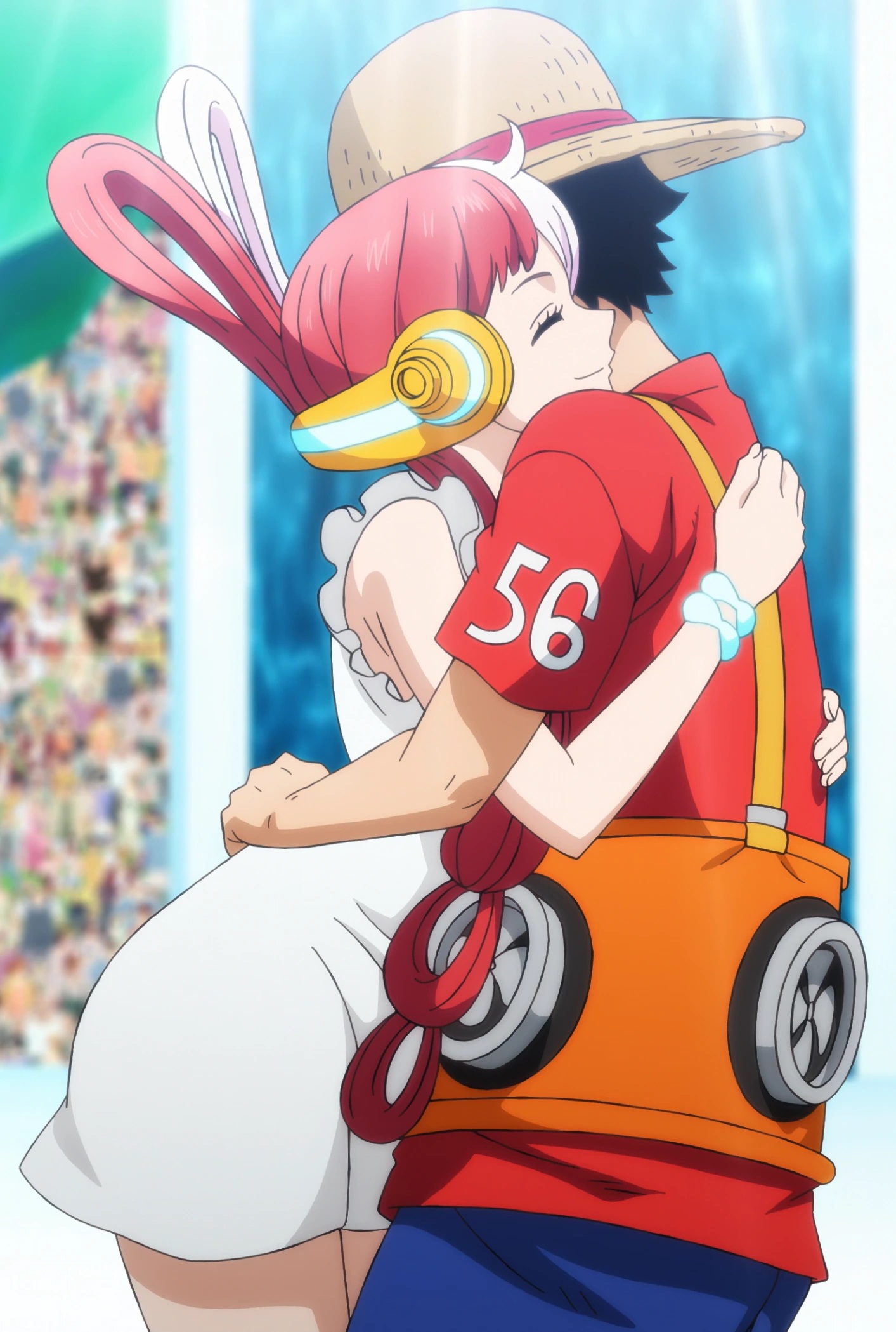 monkey d. luffy, uta (one piece), one piece, one piece film: red, toei company, anime screenshot, highres, third-party edit, 1boy, 1girl, bare legs, bare shoulders, black hair, curvy, dress, hair over one eye, happy, headphones, hug, long hair, multicolored hair, multiple others, red hair, ryona, two-tone hair, very long hair, white dress, white hair, wide hips