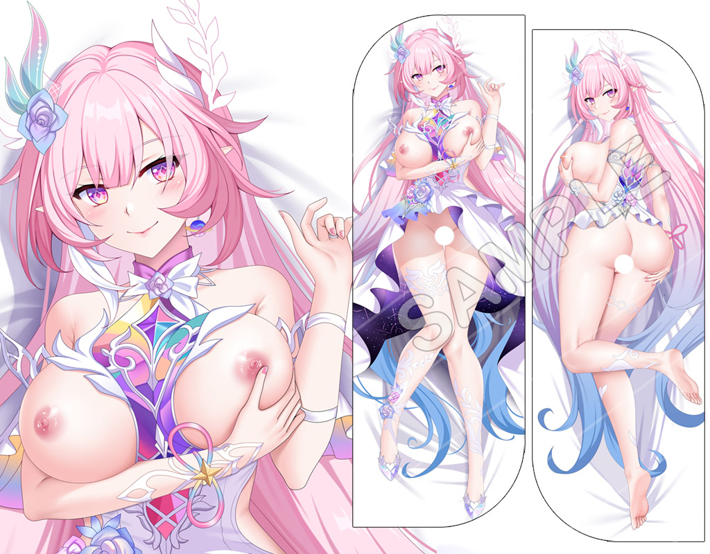 yuj (moemarket), cyrene (honkai: star rail), cyrene (ripples of past reverie) (honkai: star rail), honkai: star rail, honkai (series), commentary request, merchandise available, 1girl, aqua hair, ass, breasts, censored, dakimakura (medium), diamond-shaped pupils, diamond (shape), earrings, jewelry, large breasts, long hair, multicolored hair, nipples, pink hair, pointy ears, purple eyes, sample watermark, smile, symbol-shaped pupils, very long hair, watermark, white hair